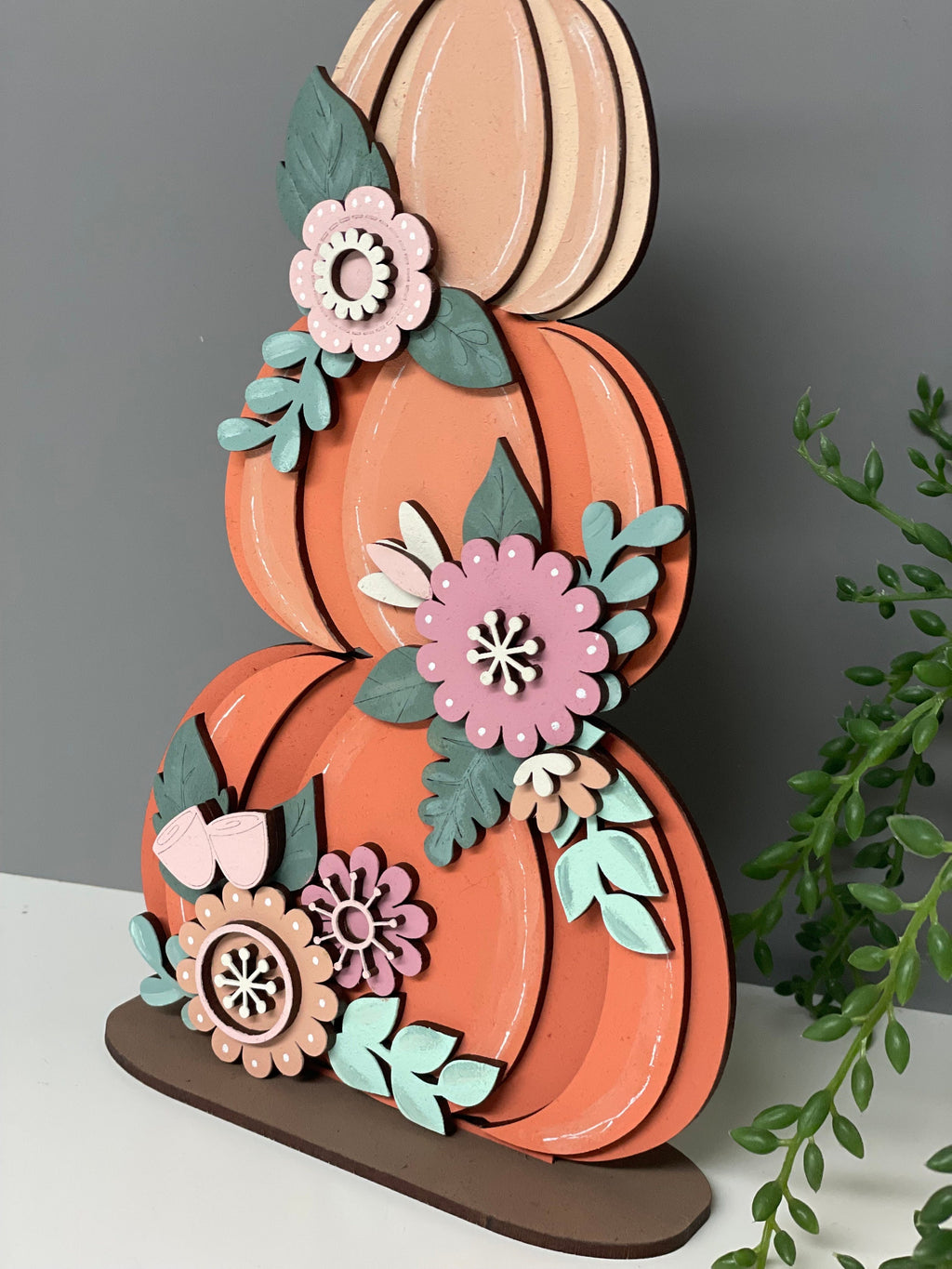 Wooden pumpkins, freestanding pumpkin, autumn decor, floral pumpkins.