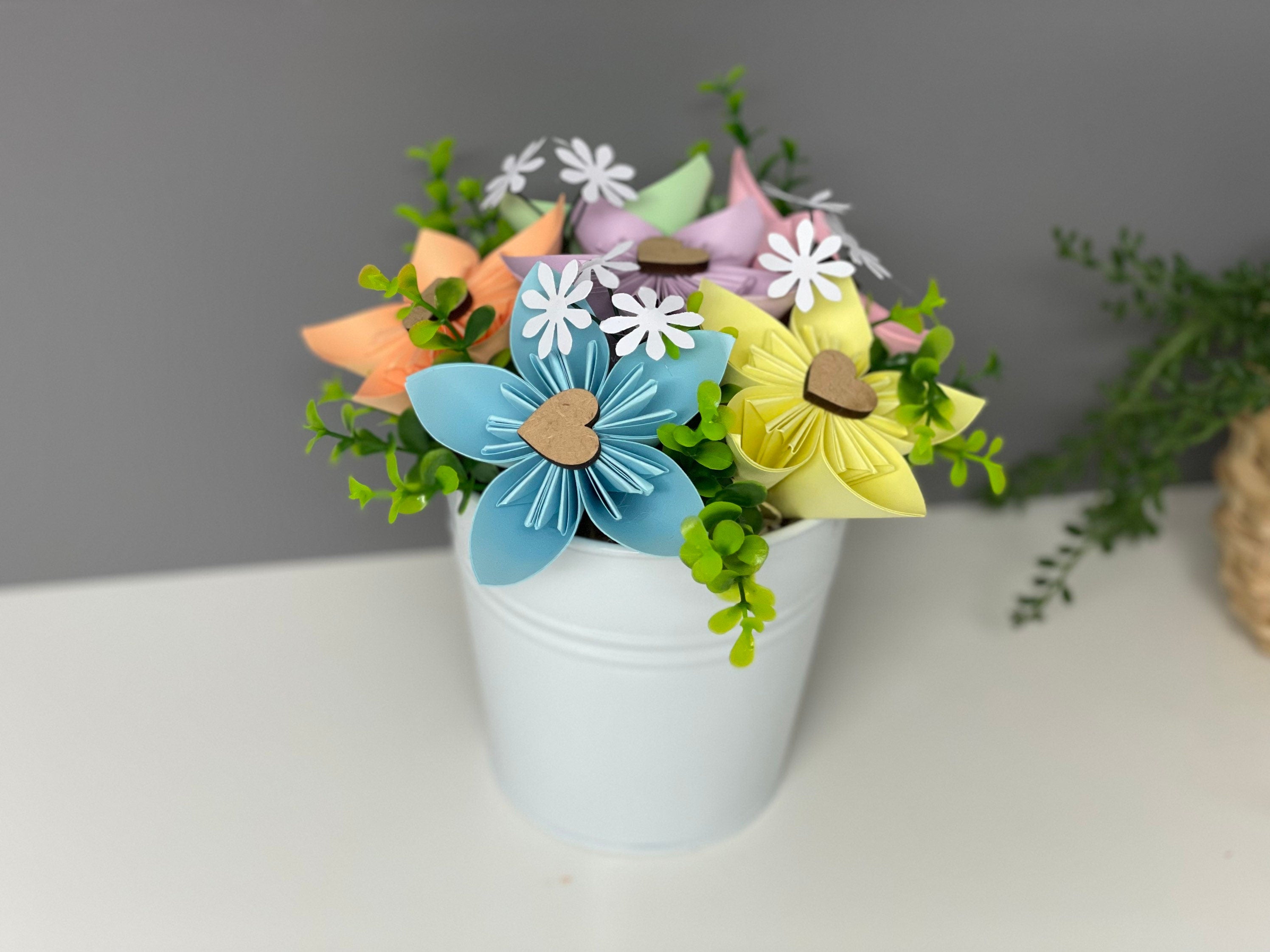 Paper flower pot, pastel paper flowers, Mother’s Day, table decorations, valentines.