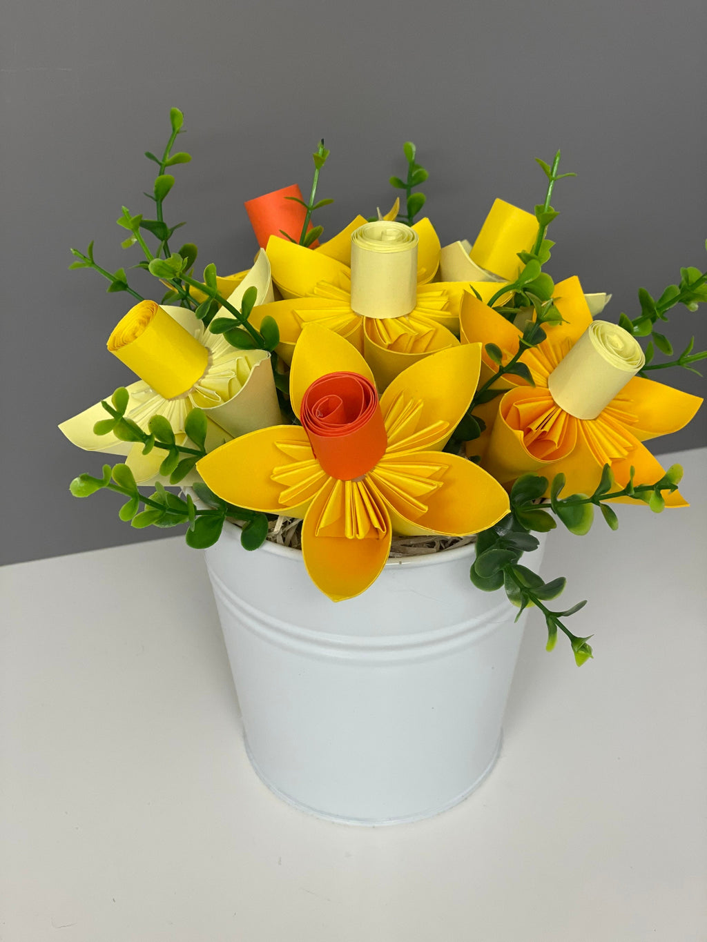 Paper Daffodils in white metal bucket, Floral table decor, everlasting flowers, Easter, Spring decor.