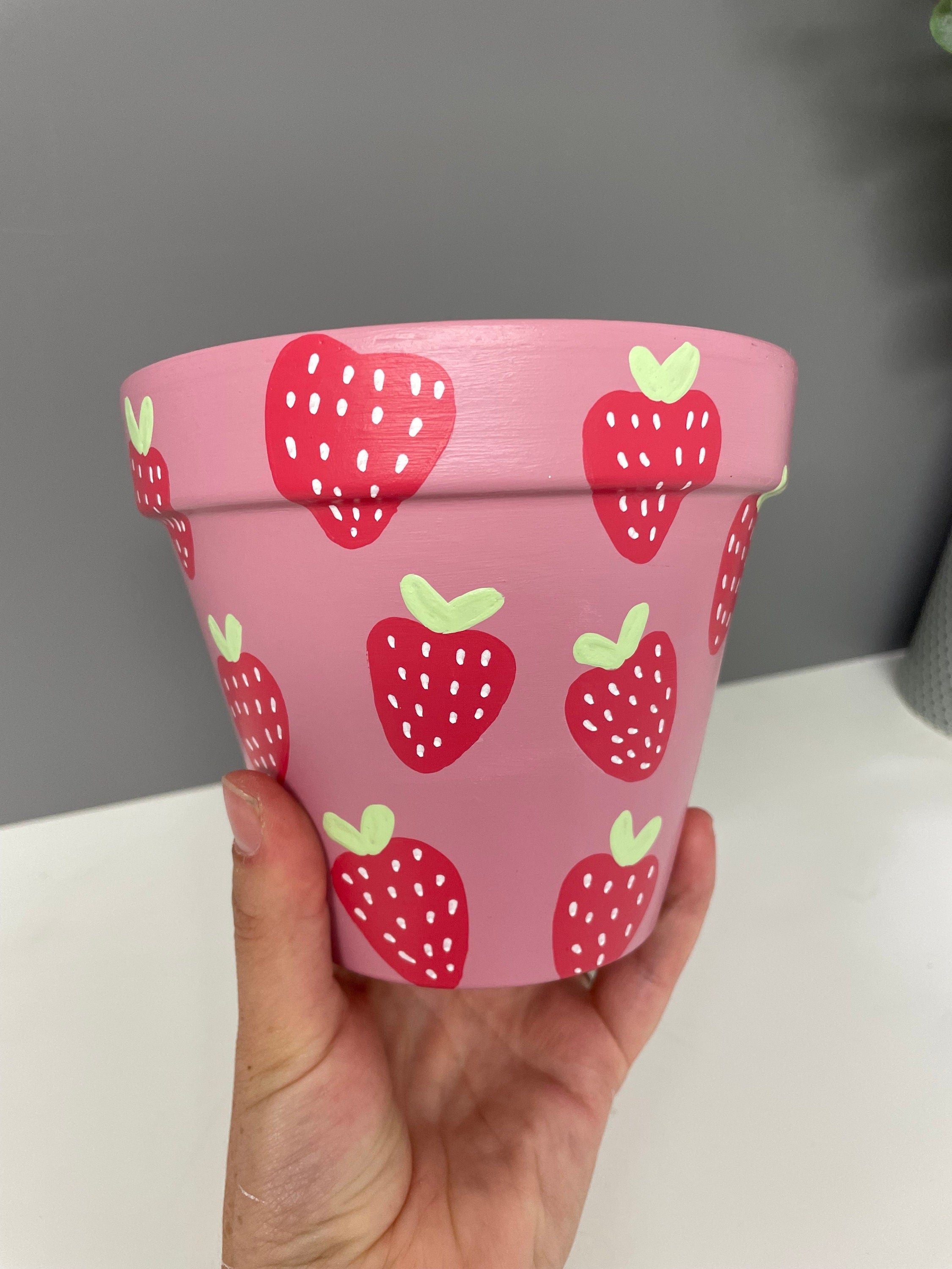 Stawberry Pink hand painted terracotta plant pot, indoor plants, home plants, custom plant pots.