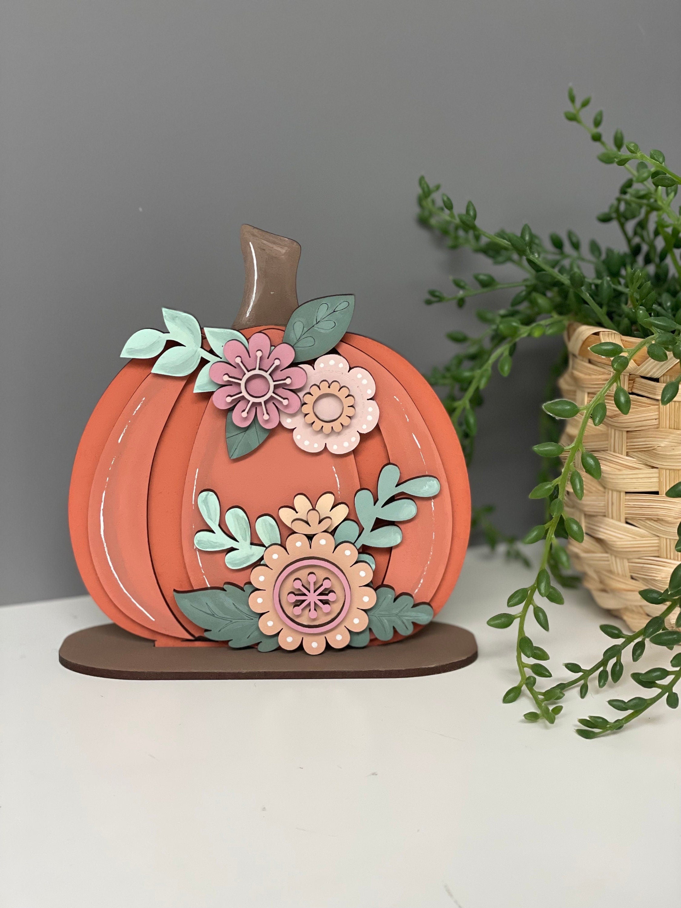 Wooden pumpkins, freestanding pumpkin, autumn decor, floral pumpkins.