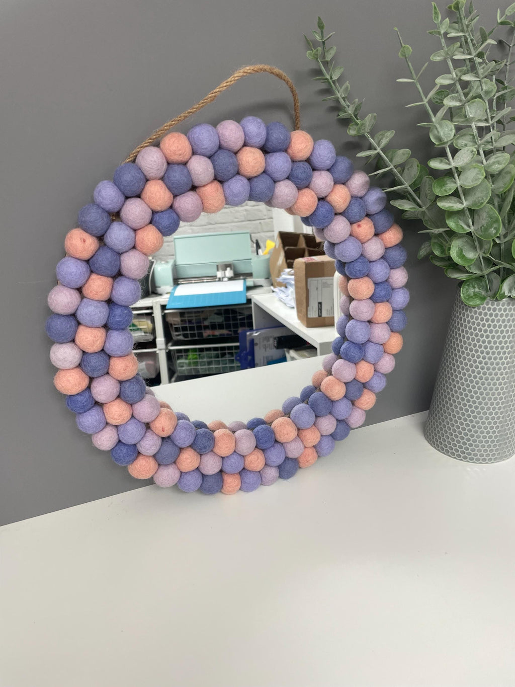 Medium Circular Hanging Pom pom mirror, pastel purple, lilac, pale pink,  rainbow Pom Poms, playroom, nursery decor