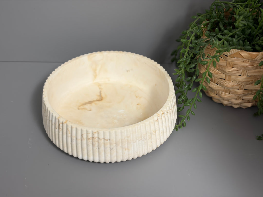 Round decorative Jesmonite bowl, neutral home decor, ridged bowl