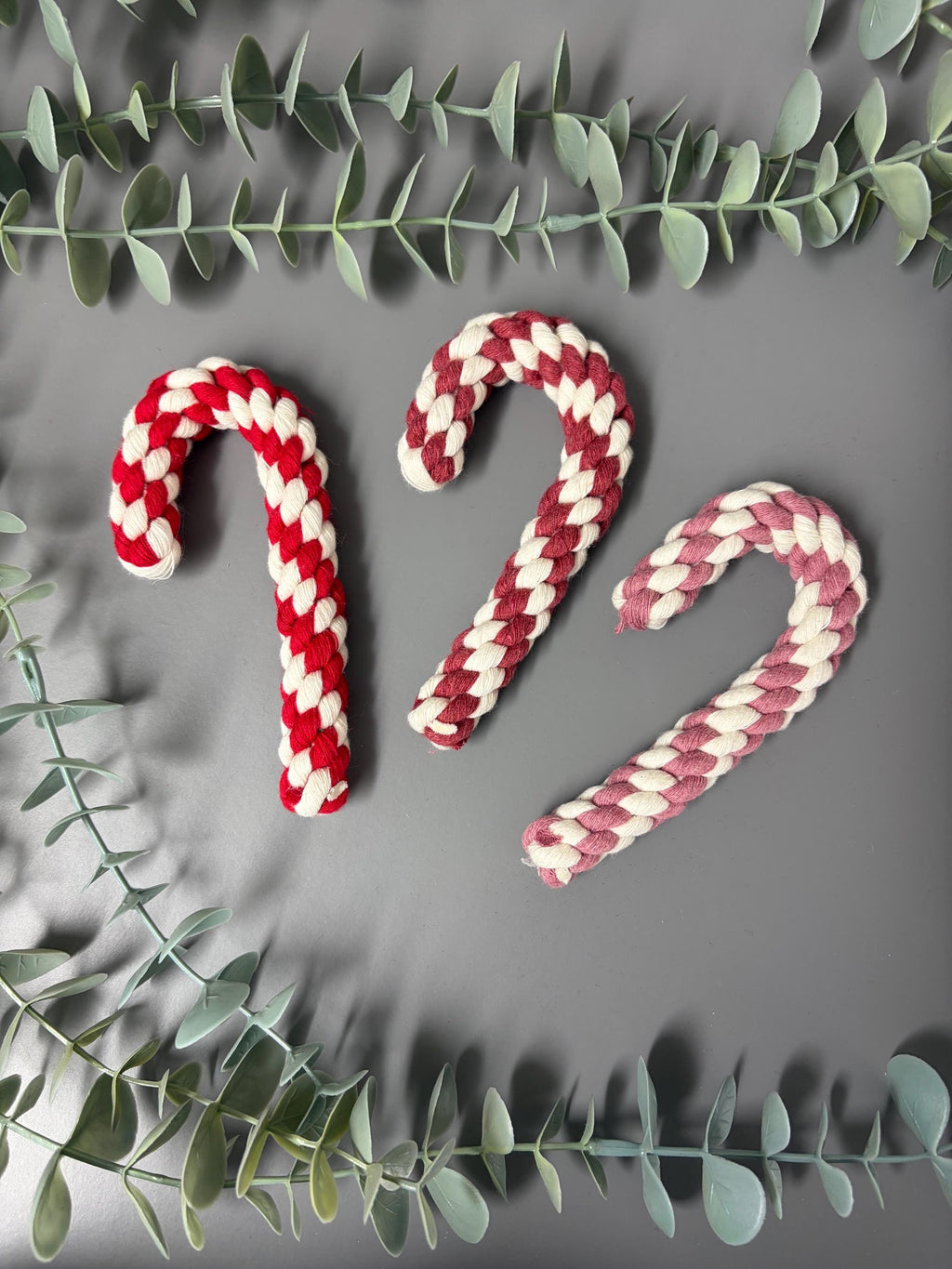 Christmas macrame candy cane decorations, candy cane baubles, macrame decorations.