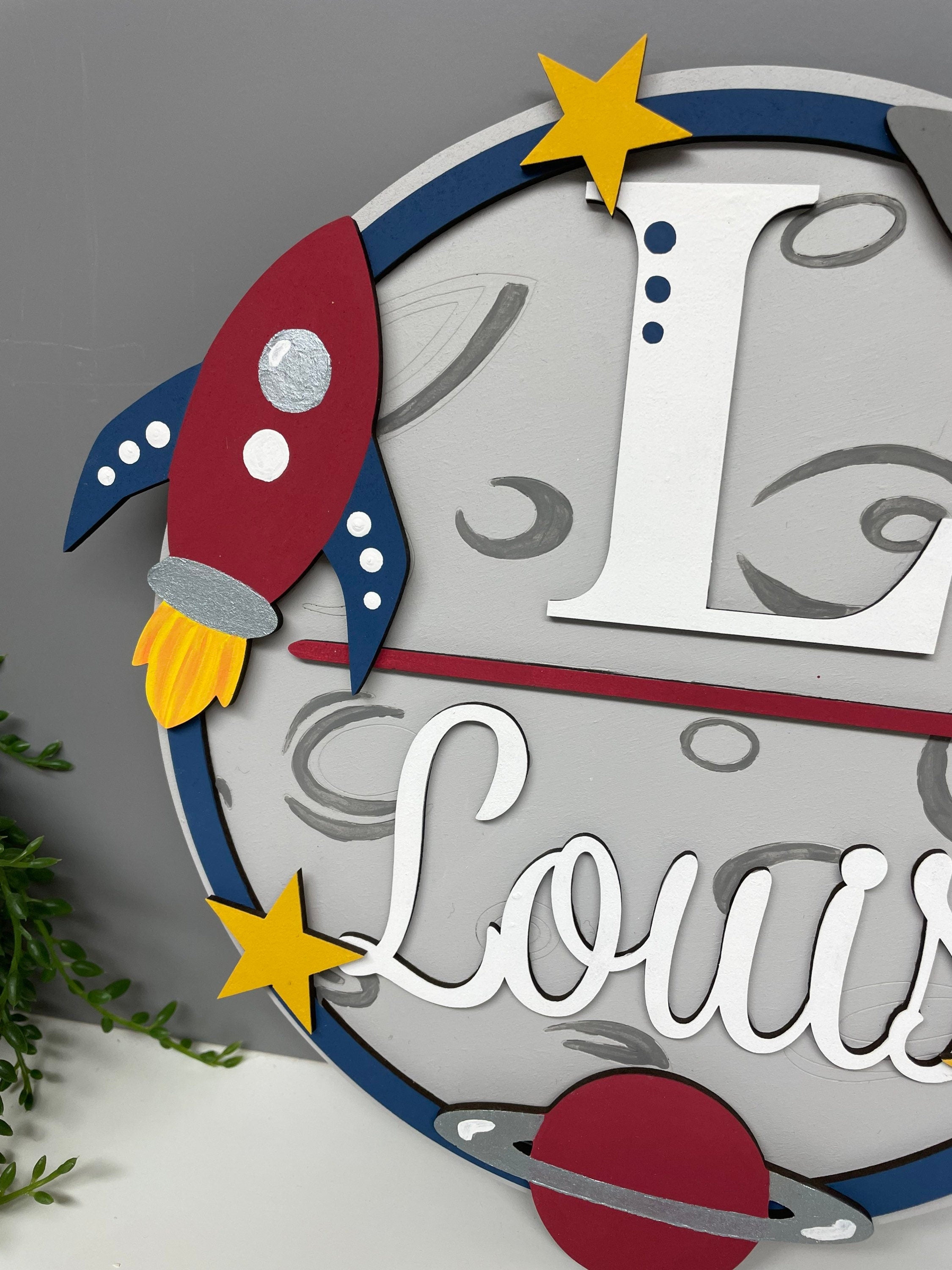 Space themed name plaque - wooden rocket sign - personalised name sign