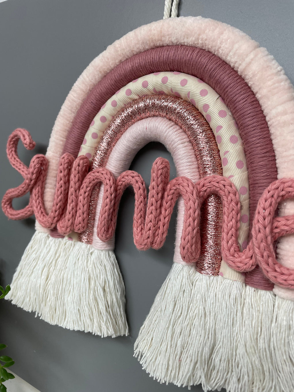 Personalised macrame rainbow with knitted wire name - nursery decor - new baby gift - home decor - rainbow wall hanging - knitted wire words