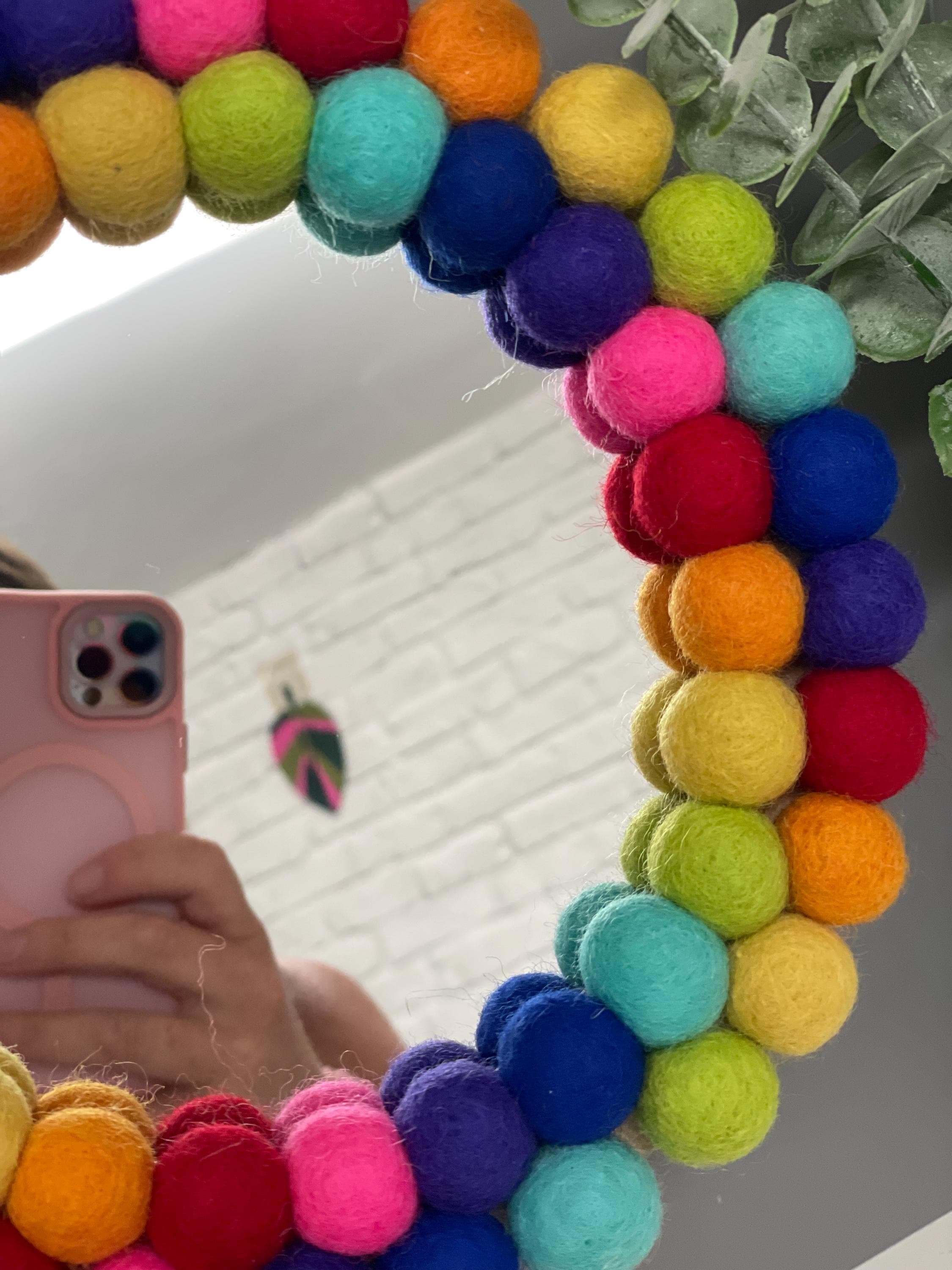 Small Pom Pom mirror, circle mirror, playroom decor, nursery decor, rainbow mirror