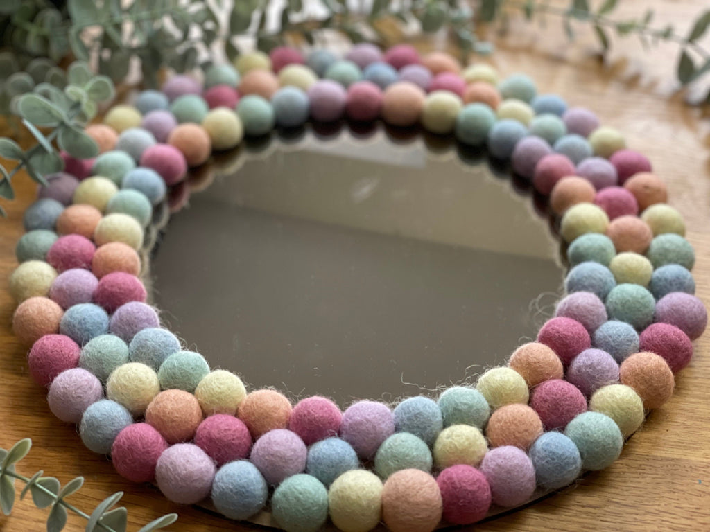 Medium Circular Hanging Pom pom mirror, pastel rainbow Pom Poms, playroom, nursery decor