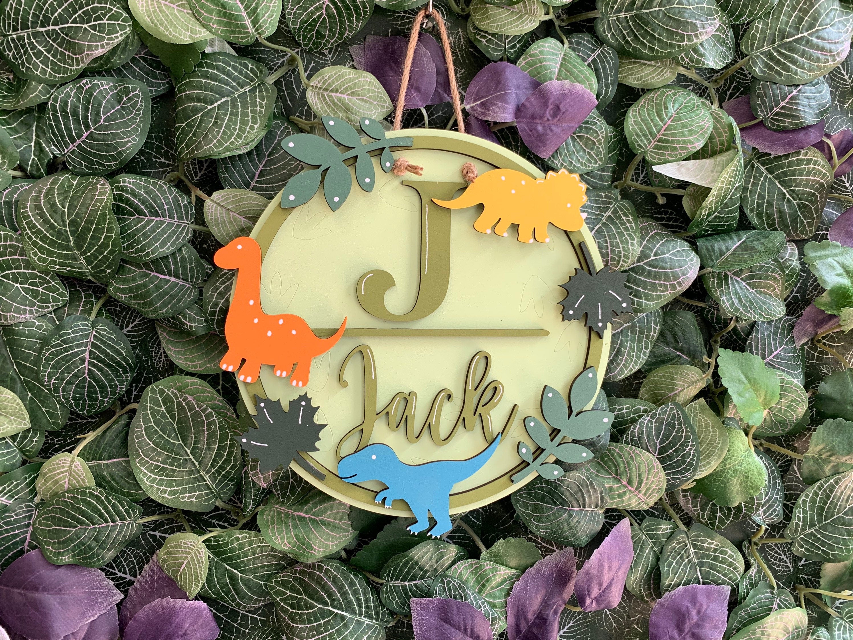 Dinosaur name plaque - Dino door sign - wooden plaque - wall sign.