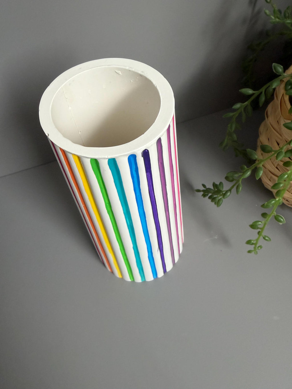 Jesmonite eco resin rainbow stripe vase.