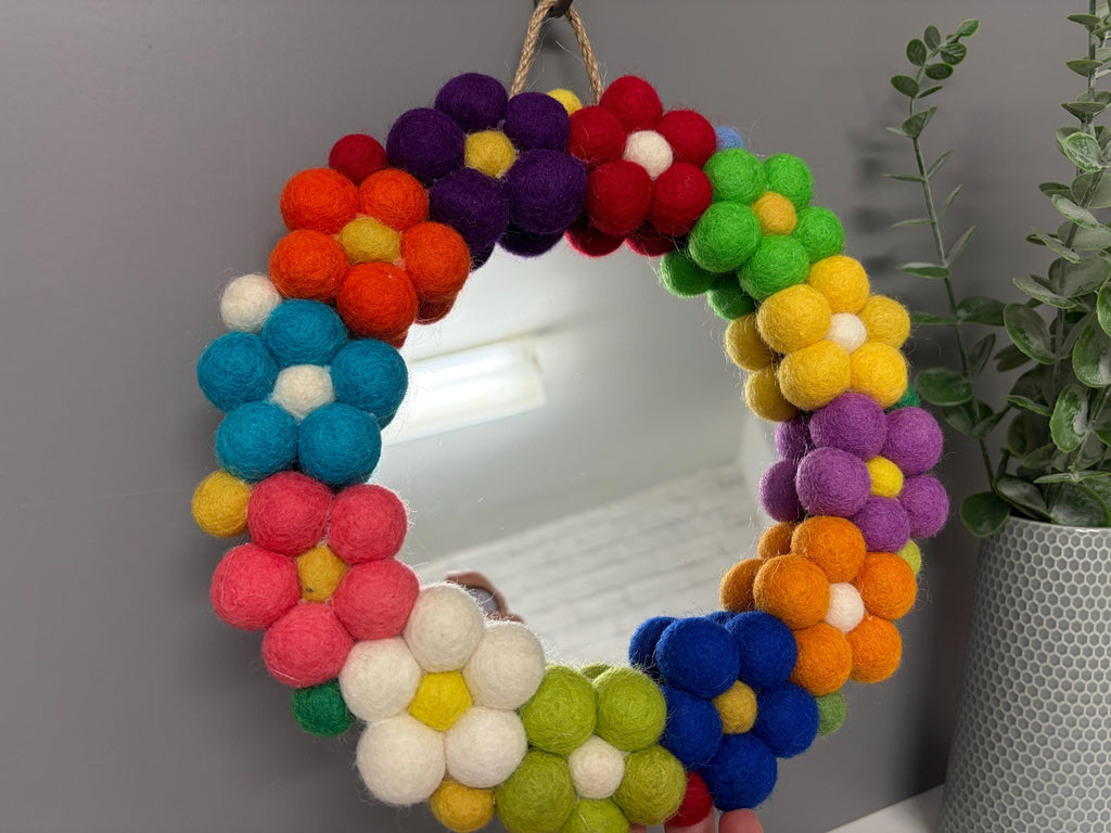 Pom Pom flower Wall Mirror, Wool Felt rainbow Pom Poms, Nursery Decor, circular mirror.