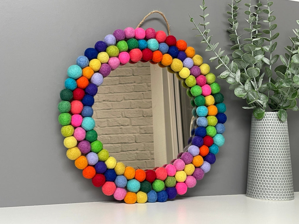 Medium Circular Hanging Pom Pom mirror, rainbow pom Poms, playroom decor.