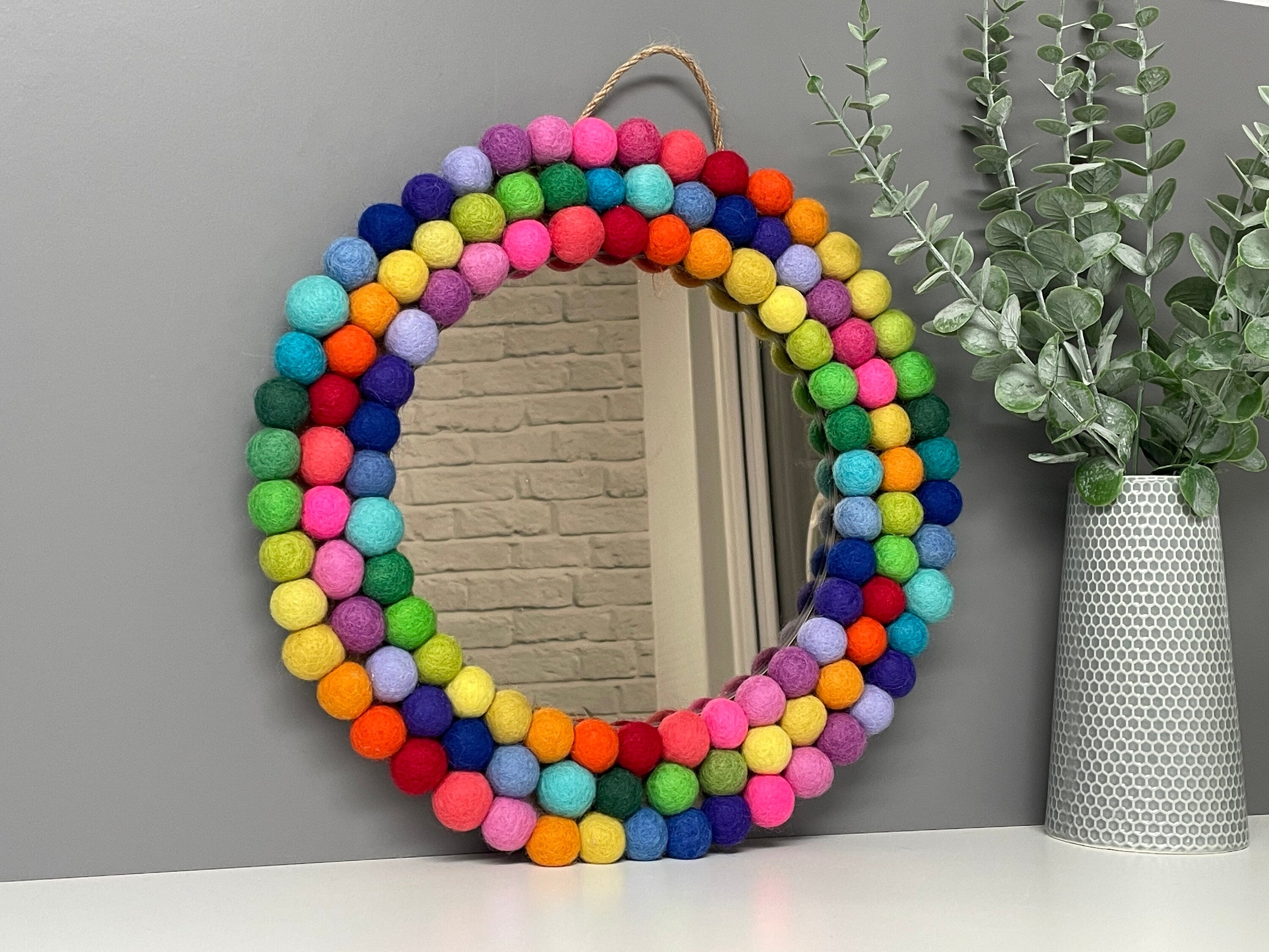 Medium Circular Hanging Pom Pom mirror, rainbow pom Poms, playroom decor.
