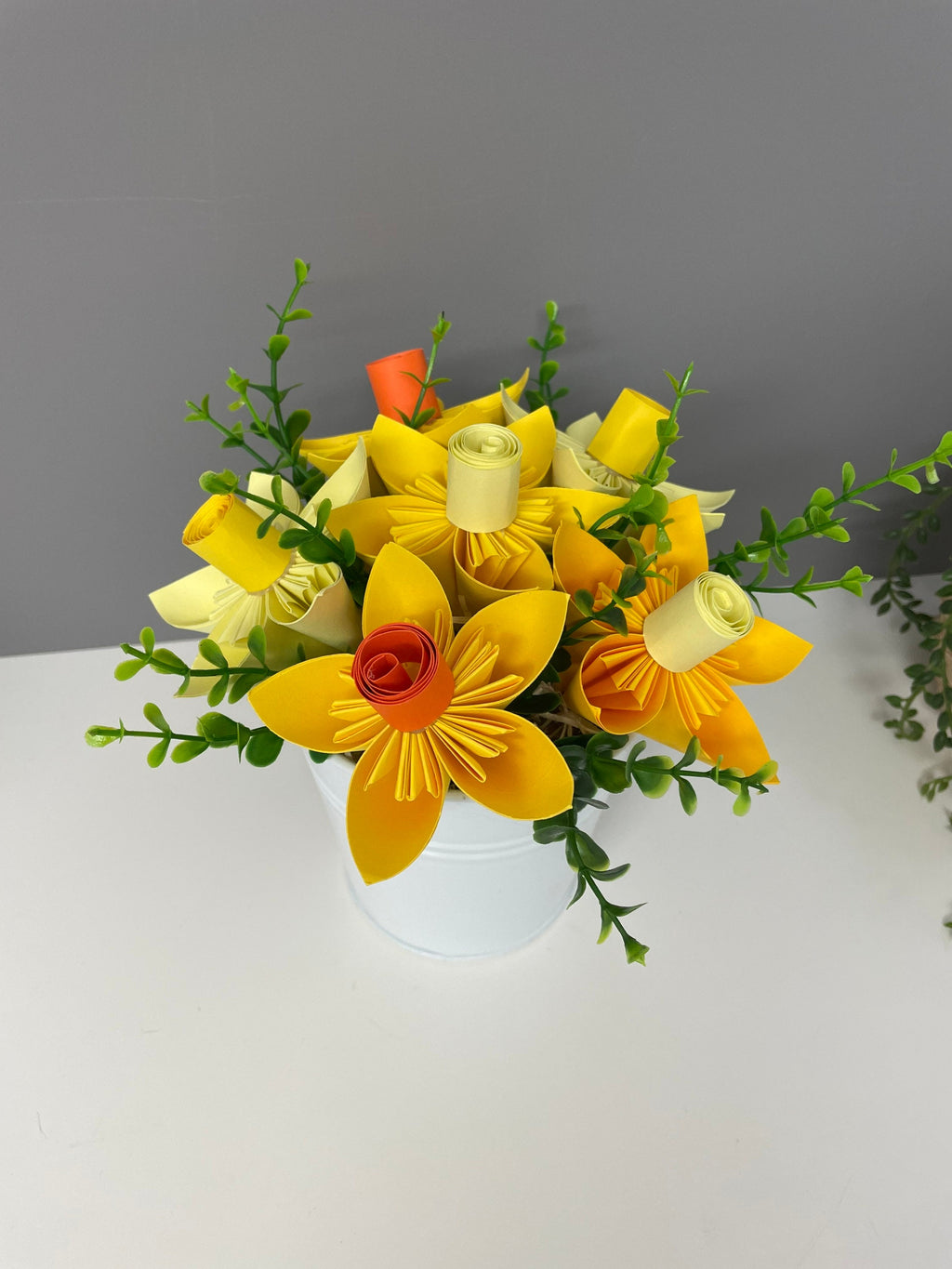 Paper Daffodils in white metal bucket, Floral table decor, everlasting flowers, Easter, Spring decor.