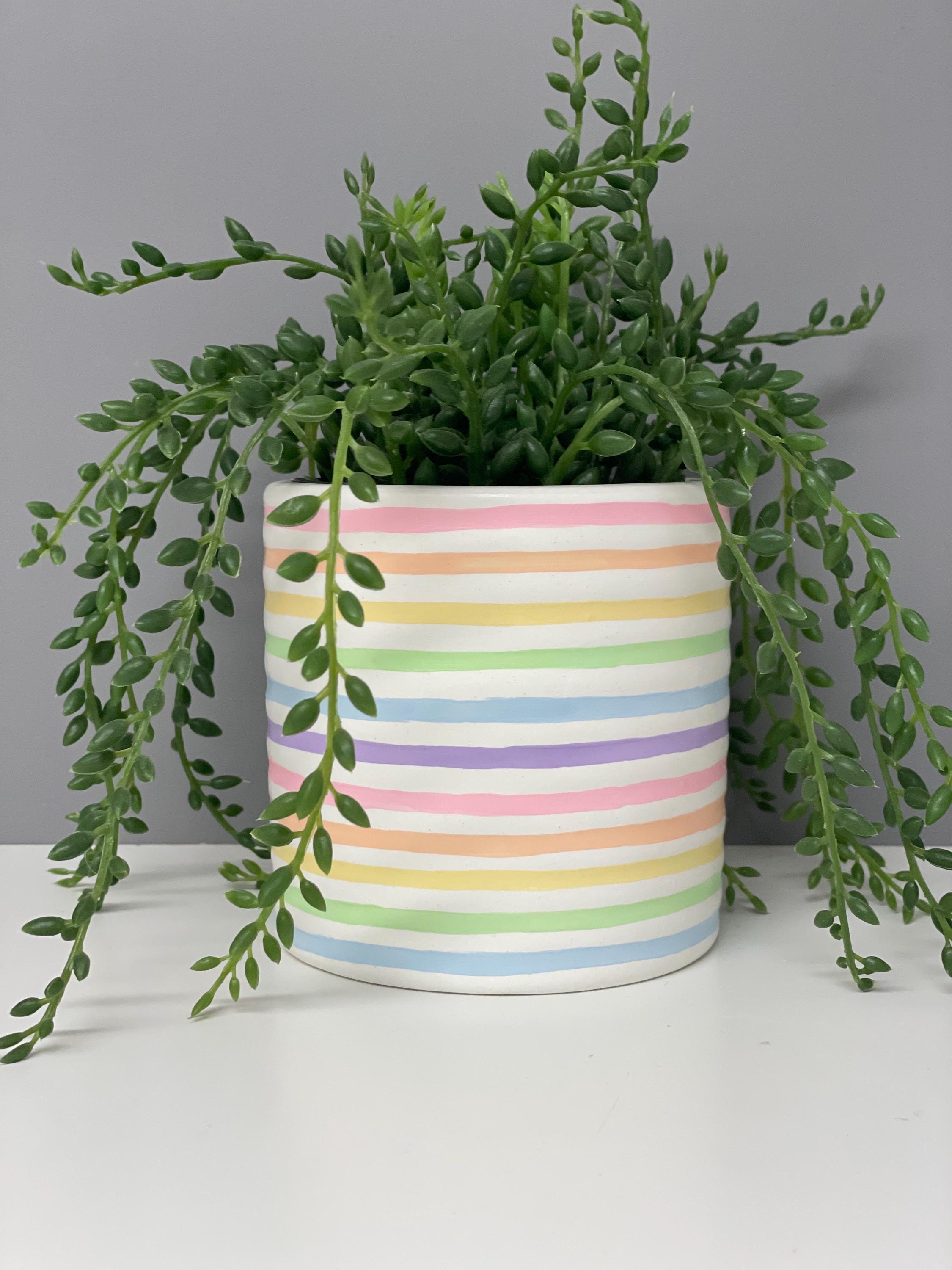 Hand Painted Ceramic Plant Pot, Pastel Rainbow Stripe Design.