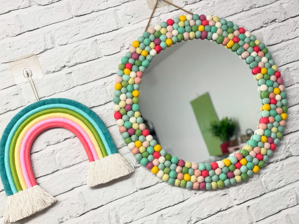 Large Circular Hanging Pom Pom mirror, rainbow pom Poms, playroom decor, nursery.