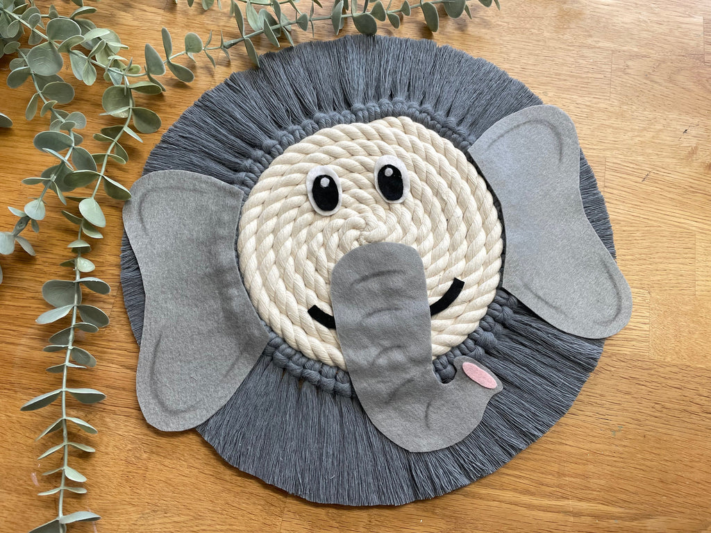 Elephant macrame rope face, jungle theme decor, nursery decor, childrens bedroom, playroom, wall hanging
