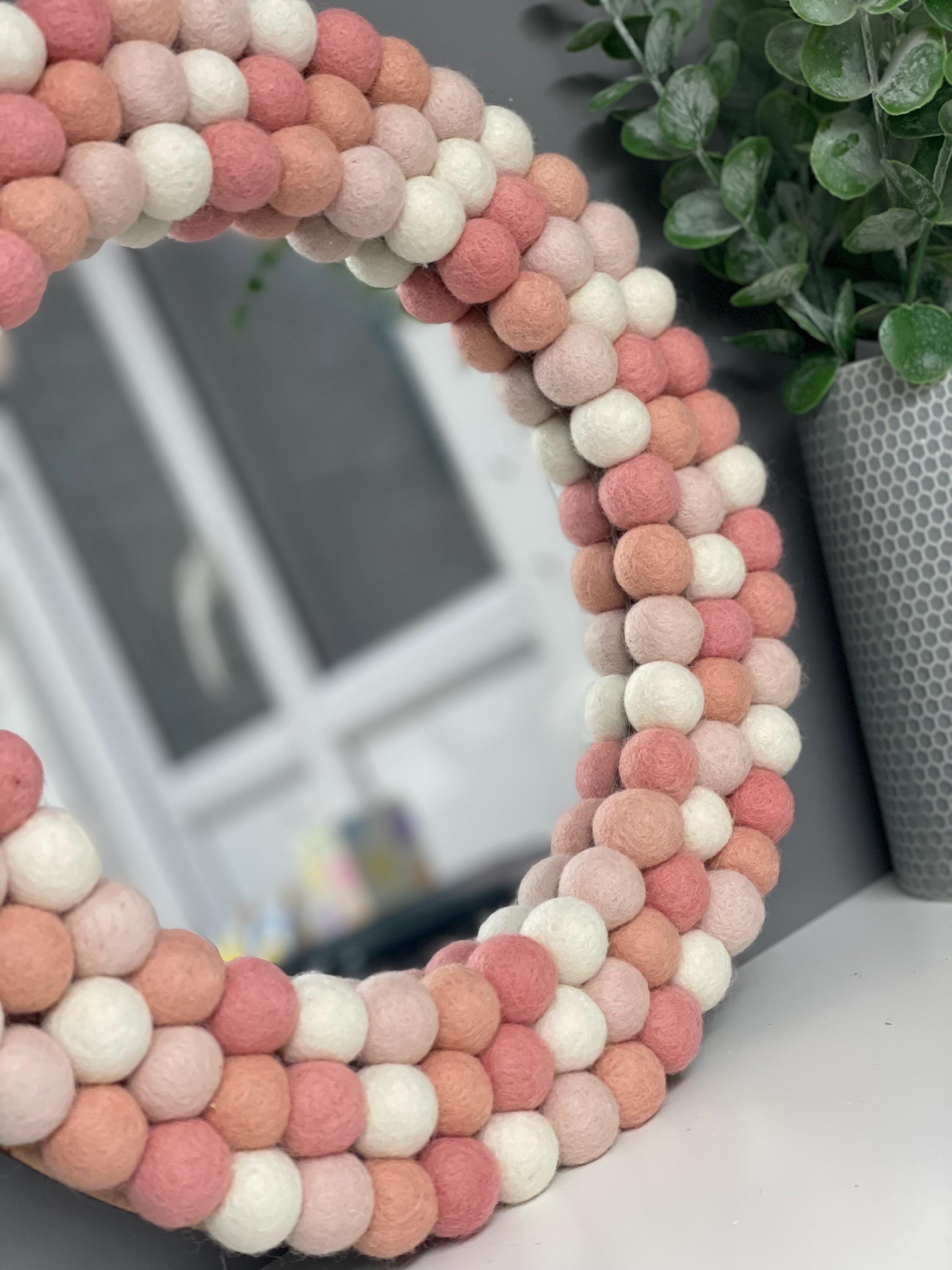 Wool Felt Pom Pom Mirror, Pink & Cream Nursery Decor, circular wall mirror
