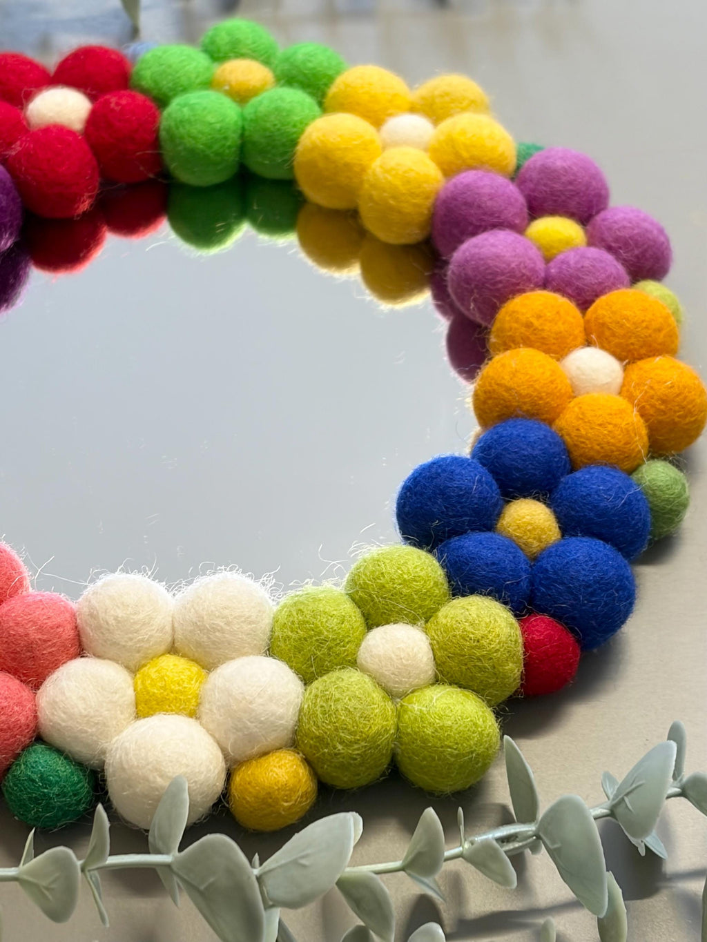 Pom Pom flower Wall Mirror, Wool Felt rainbow Pom Poms, Nursery Decor, circular mirror.