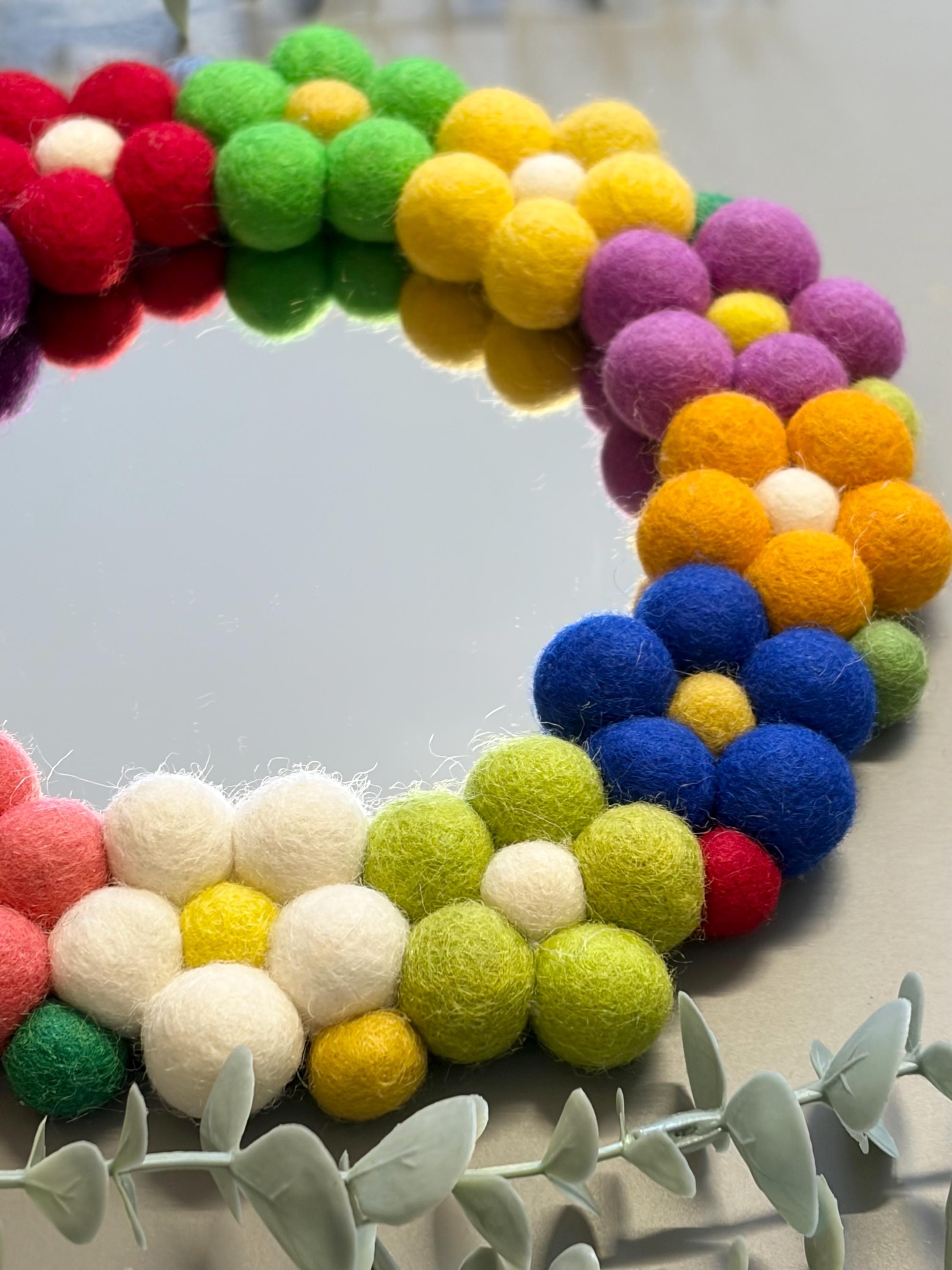 Pom Pom flower Wall Mirror, Wool Felt rainbow Pom Poms, Nursery Decor, circular mirror.