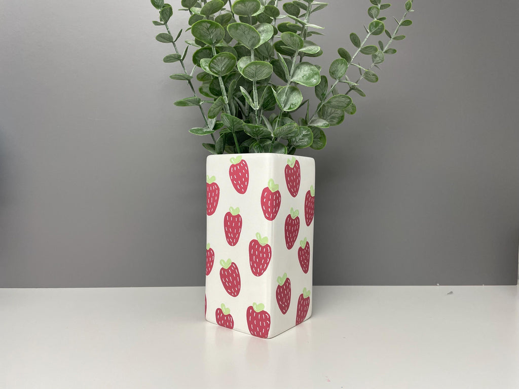 Hand painted strawberry ceramic vase