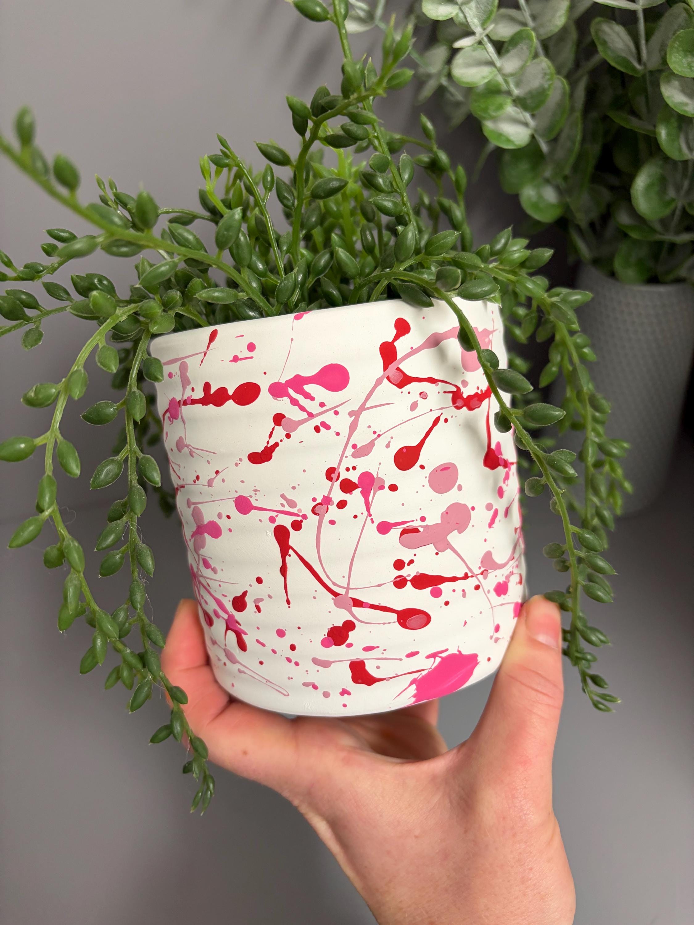 Hand Painted Ceramic Plant Pot, Pink and red plant pot, paint splatter plant pot.