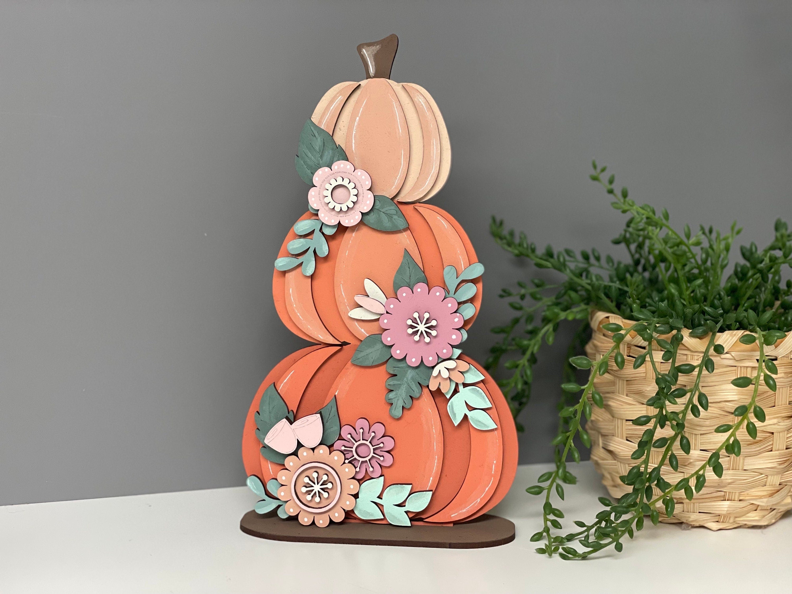 Wooden pumpkins, freestanding pumpkin, autumn decor, floral pumpkins.