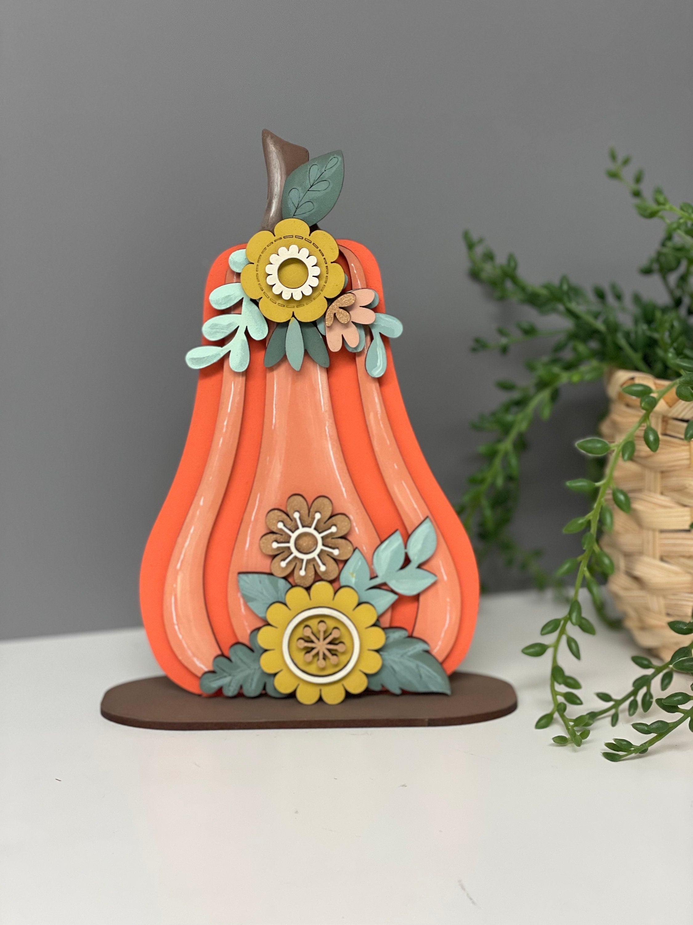 Wooden pumpkins, freestanding pumpkin, autumn decor, floral pumpkins.