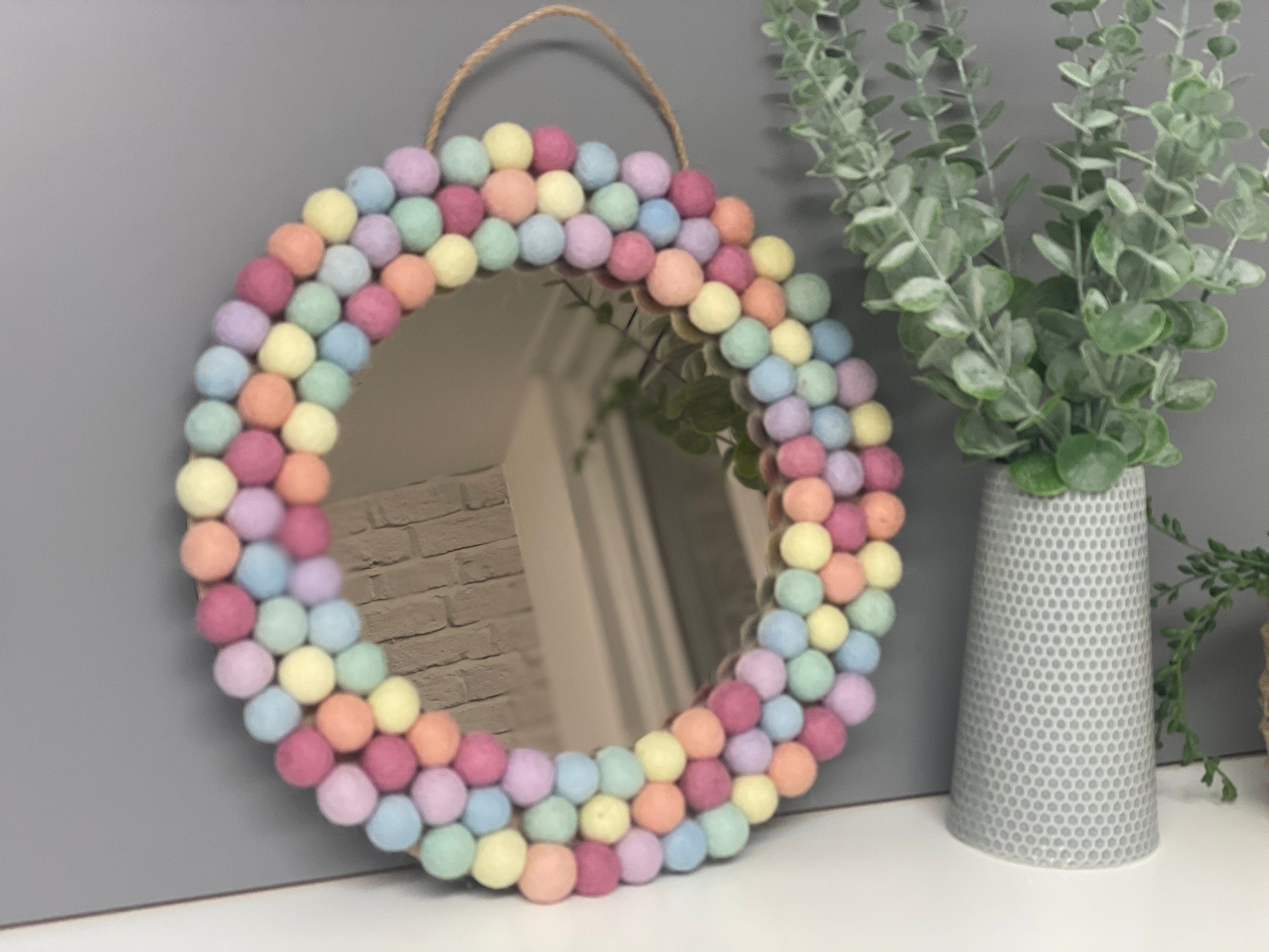 Medium Circular Hanging Pom pom mirror, pastel rainbow Pom Poms, playroom, nursery decor