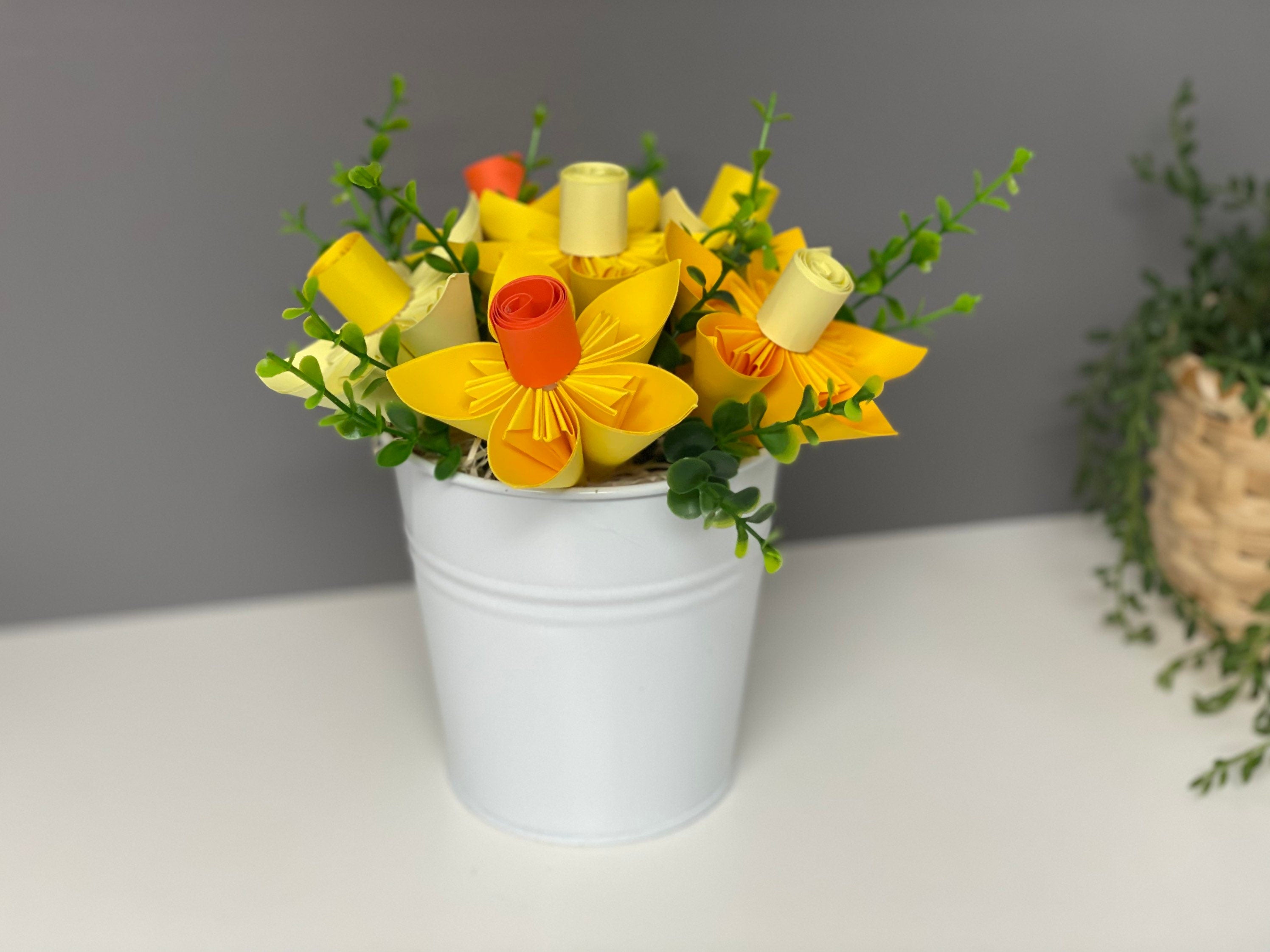 Paper Daffodils in white metal bucket, Floral table decor, everlasting flowers, Easter, Spring decor.