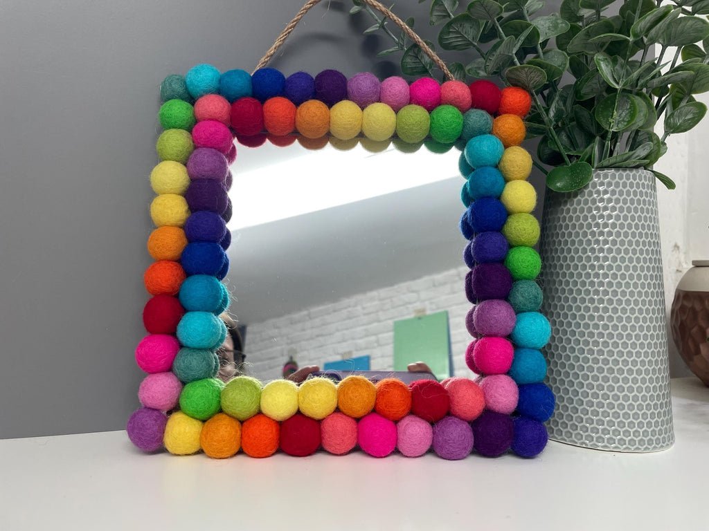 Rainbow Pom Pom Mirror, Playroom Nursery Decor, 20cm Square