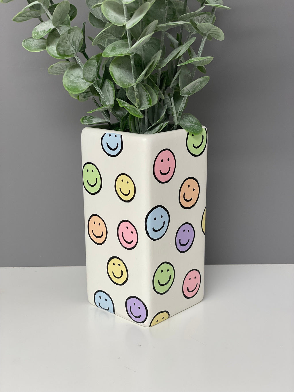Smiley Face hand painted pastel coloured ceramic vase