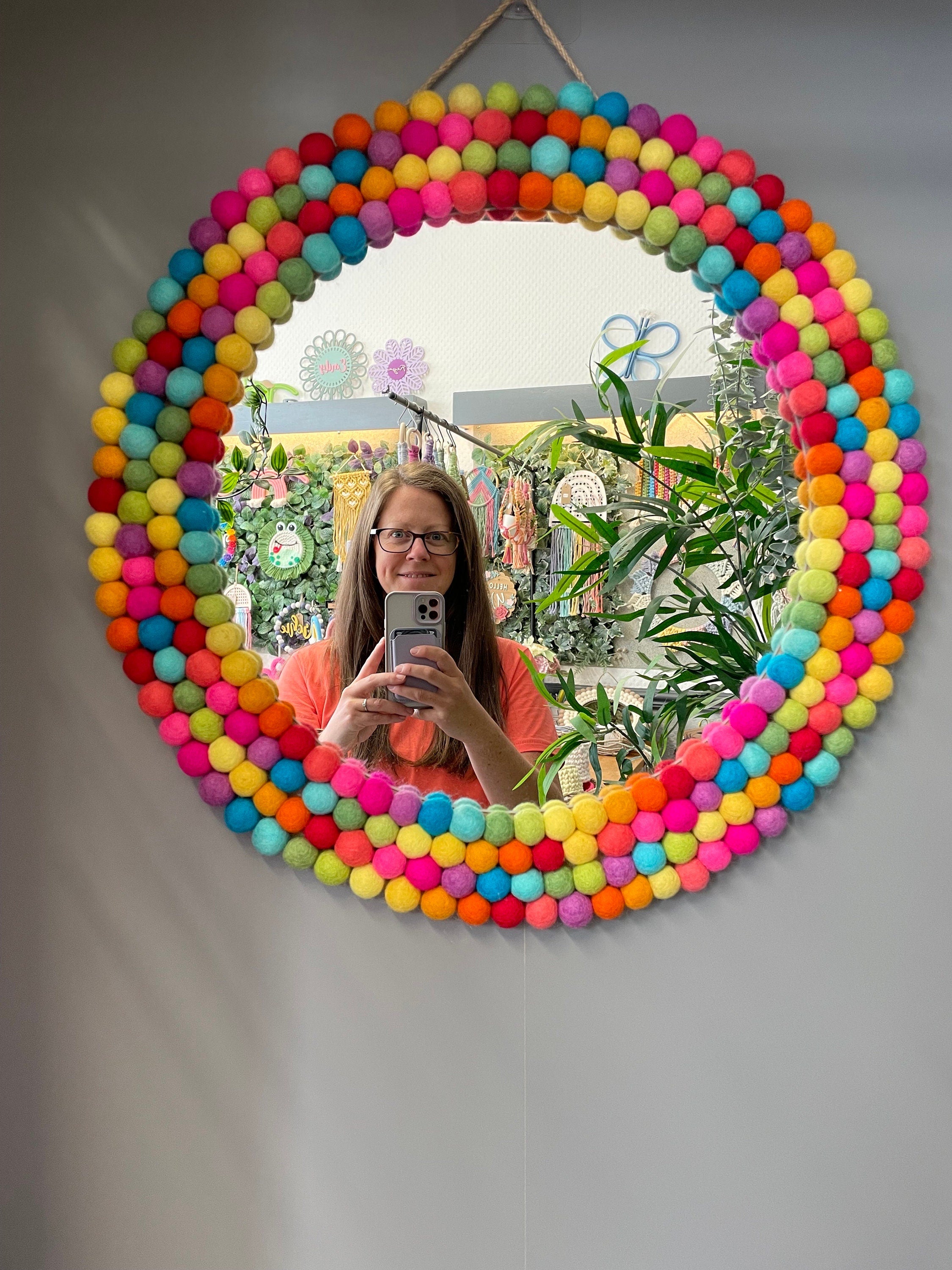 Large Circular Hanging Pom Pom mirror, rainbow pom Poms, playroom decor, nursery.