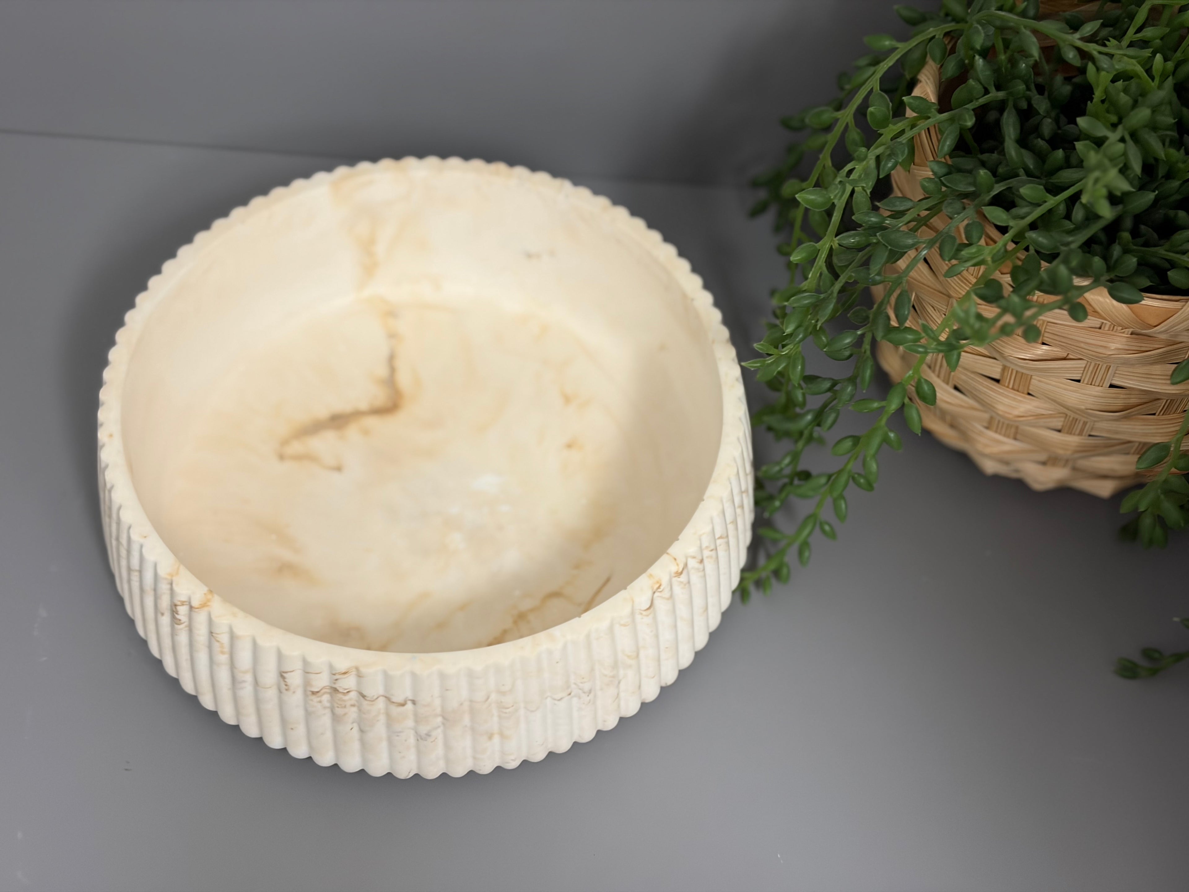 Round decorative Jesmonite bowl, neutral home decor, ridged bowl