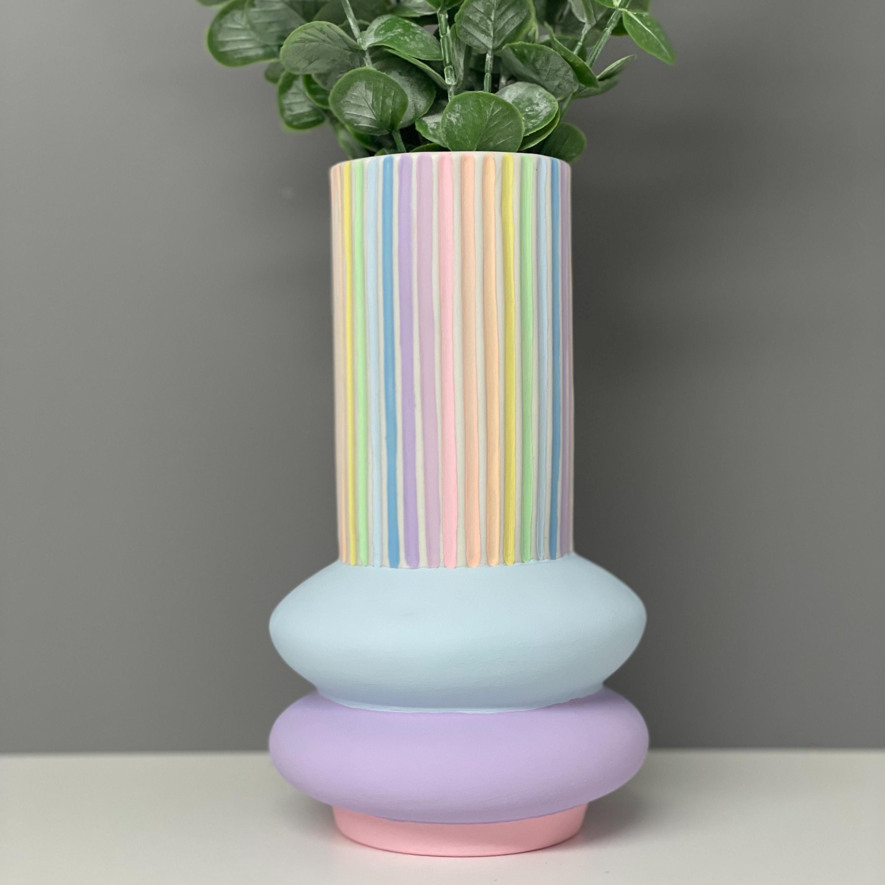 Handpainted Ceramic Vase: Pastel Rainbow Stripe Flower Vase