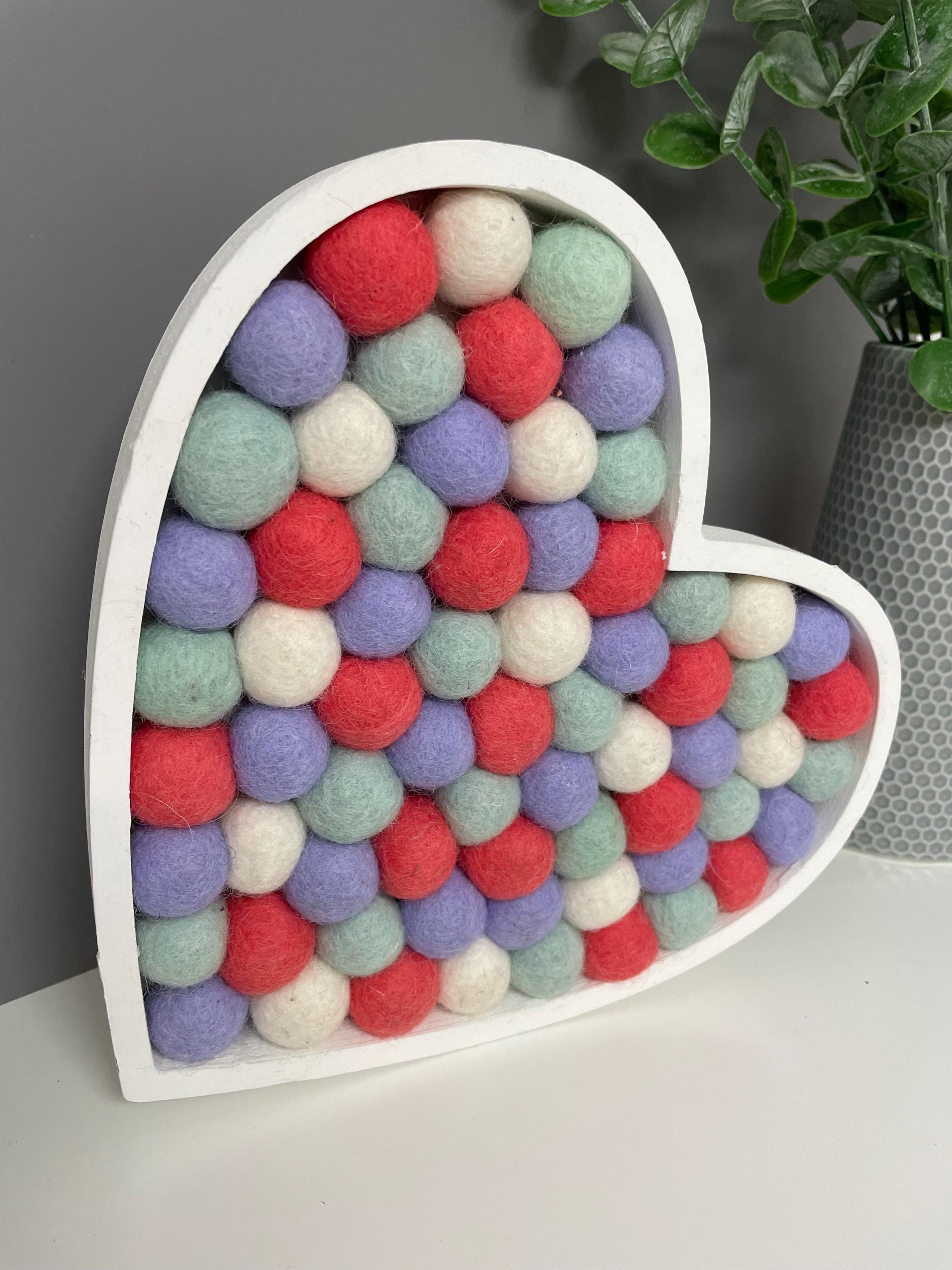 Wool felt Pom Pom heart, fillable heart, wooden heart, nursery decor, Pom Pom decor, rainbow pom Poms