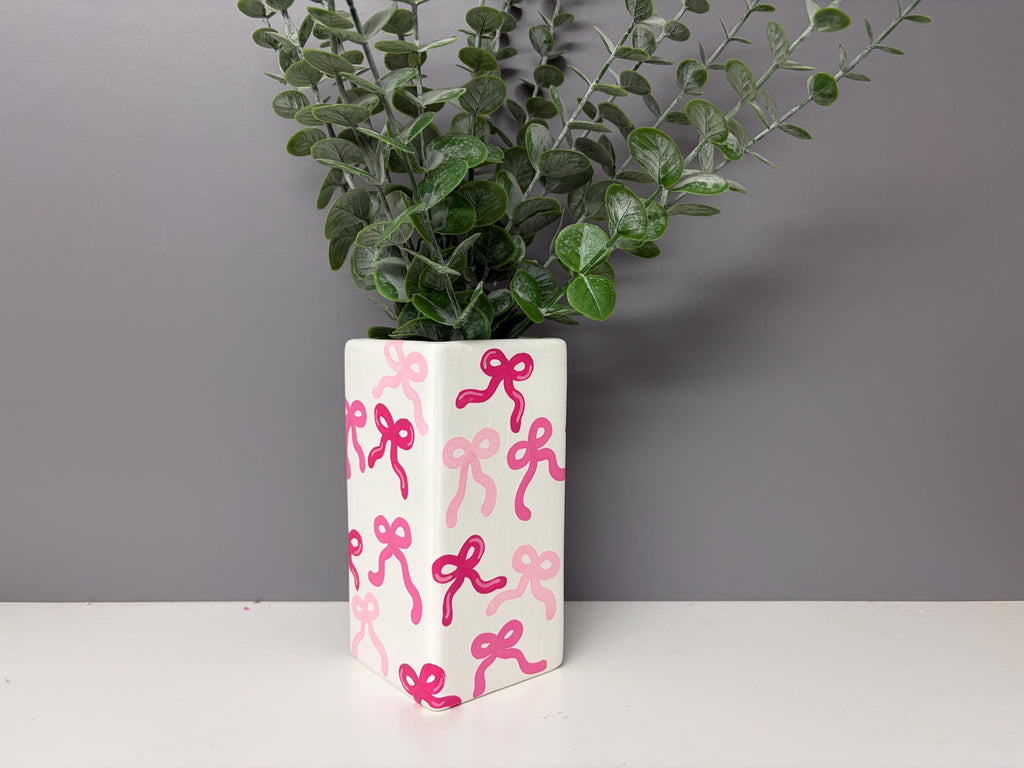 Bow hand painted ceramic vase, shades of pink, pink bow vase.