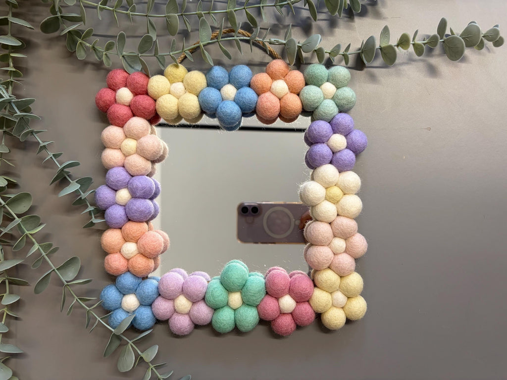 Pom Pom flower Wall Mirror, Wool Felt rainbow Pom Poms, Nursery Decor, square mirror.