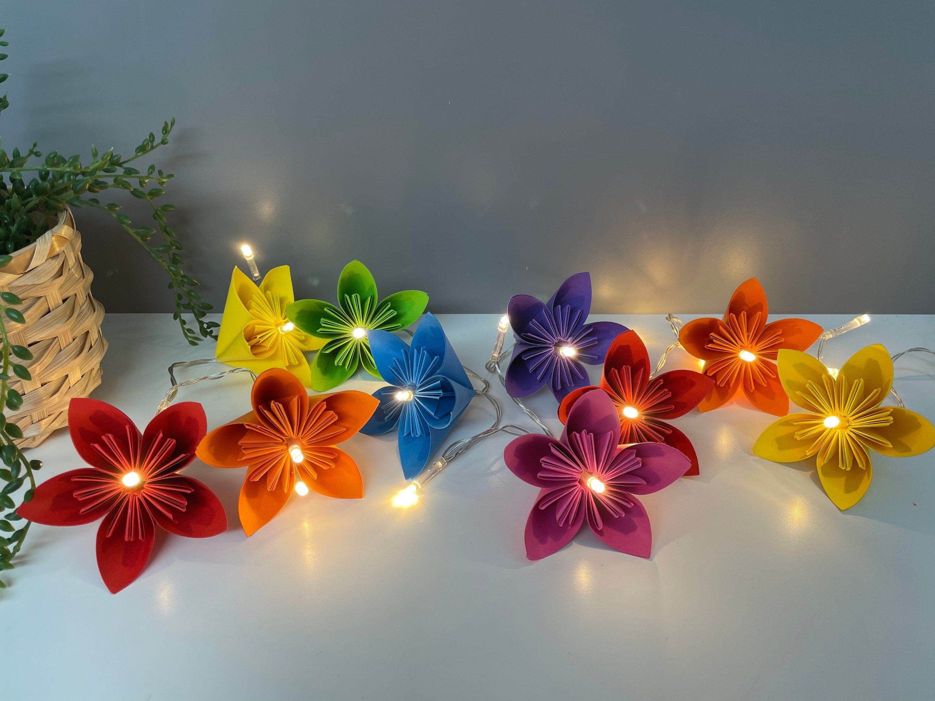 Bright rainbow paper flower fairy light, table decor, fire-mantle fairy lights, wedding decor, table decor, party