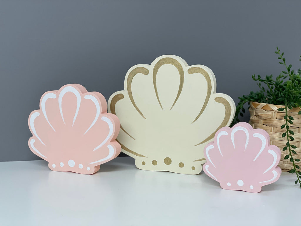 Wooden scallop shell, nautical decor, seaside, under the sea, tiered tray decor.
