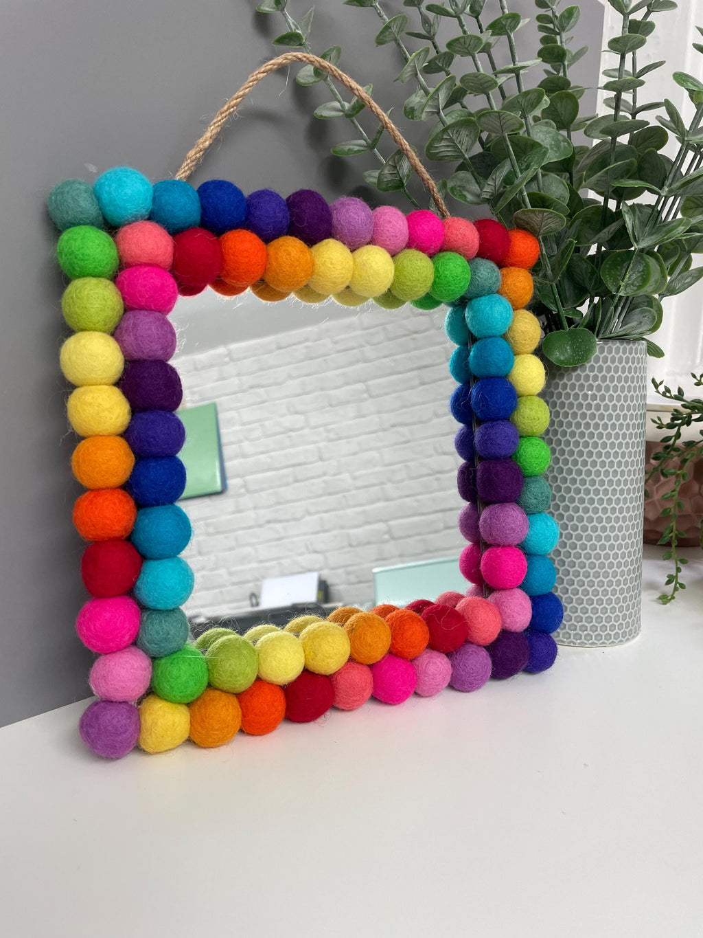 Rainbow Pom Pom Mirror, Playroom Nursery Decor, 20cm Square