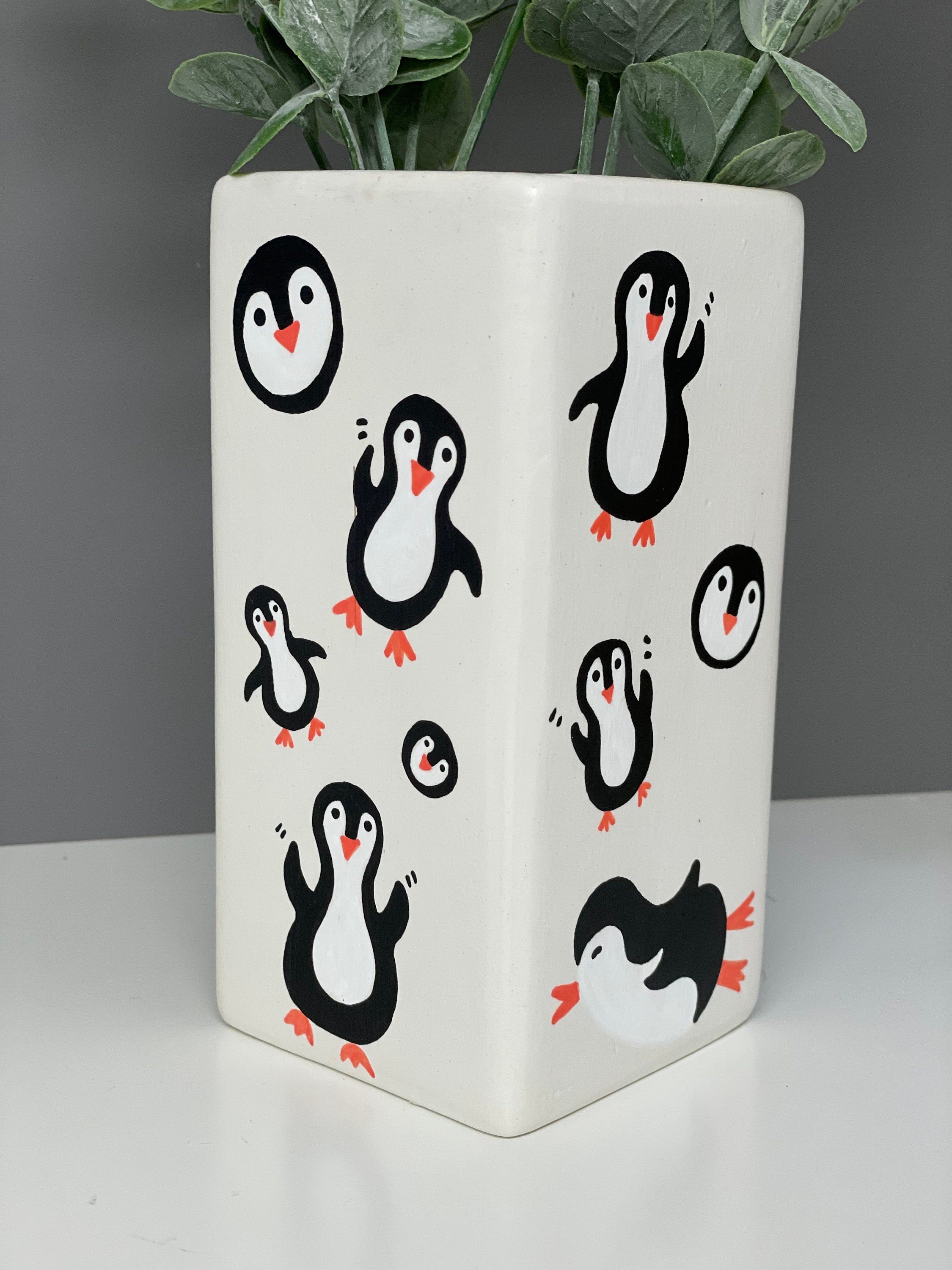 Hand painted penguin theme ceramic vase
