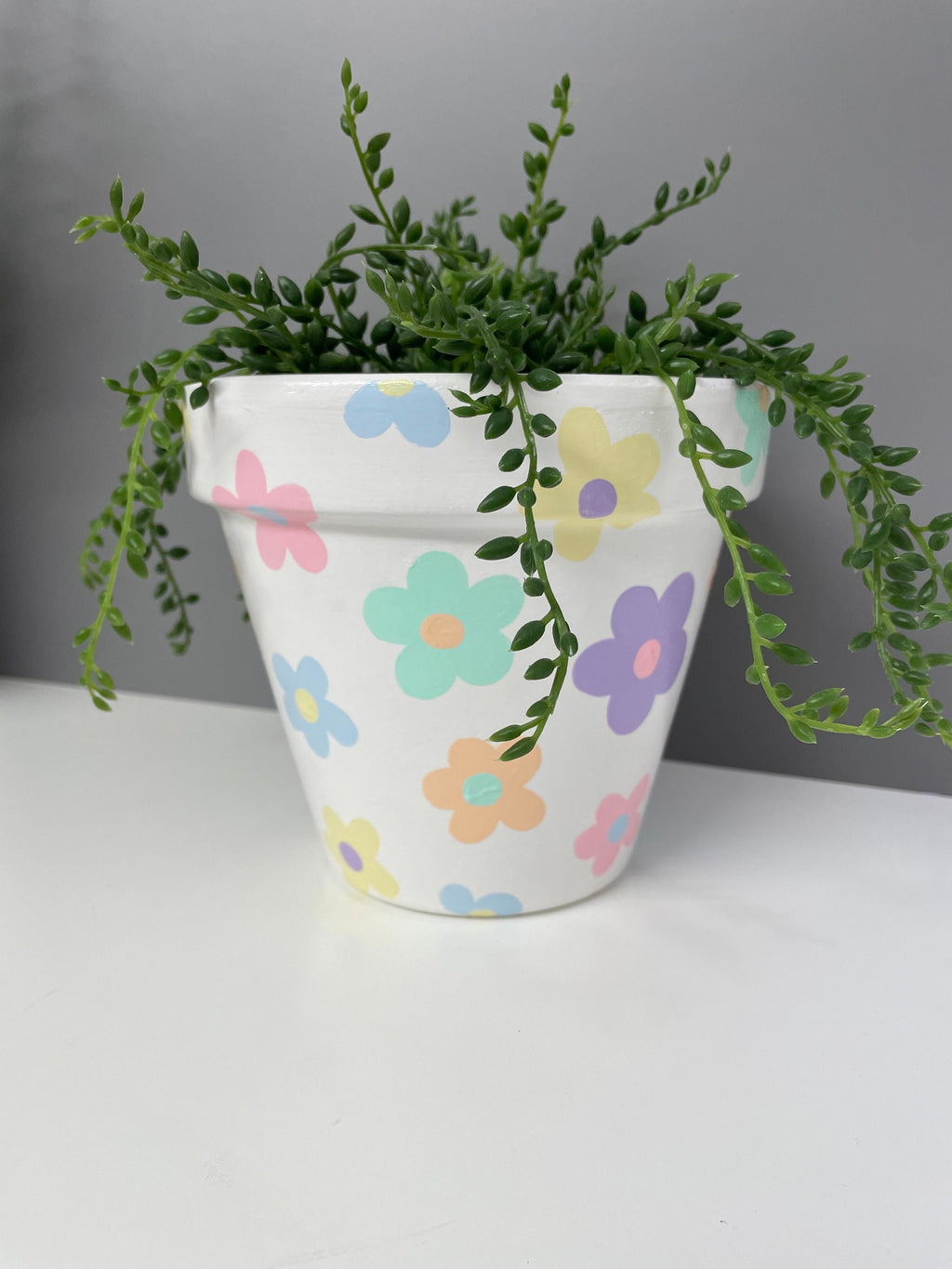 Handpainted terracotta plant pot for house plants, pastel coloured flowers.