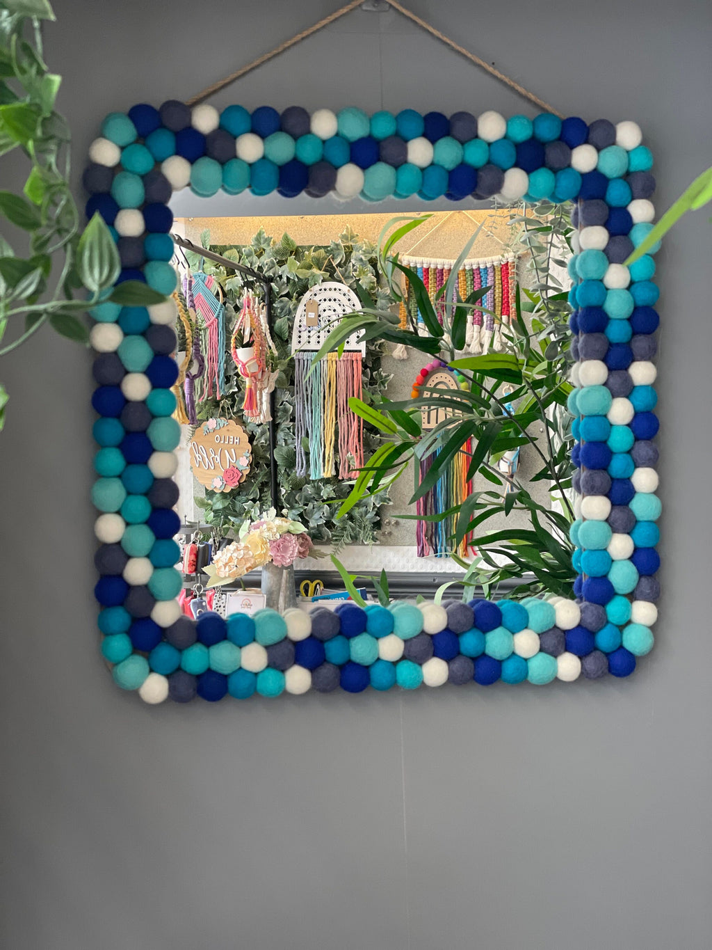 Square Pom Pom wall hanging mirror