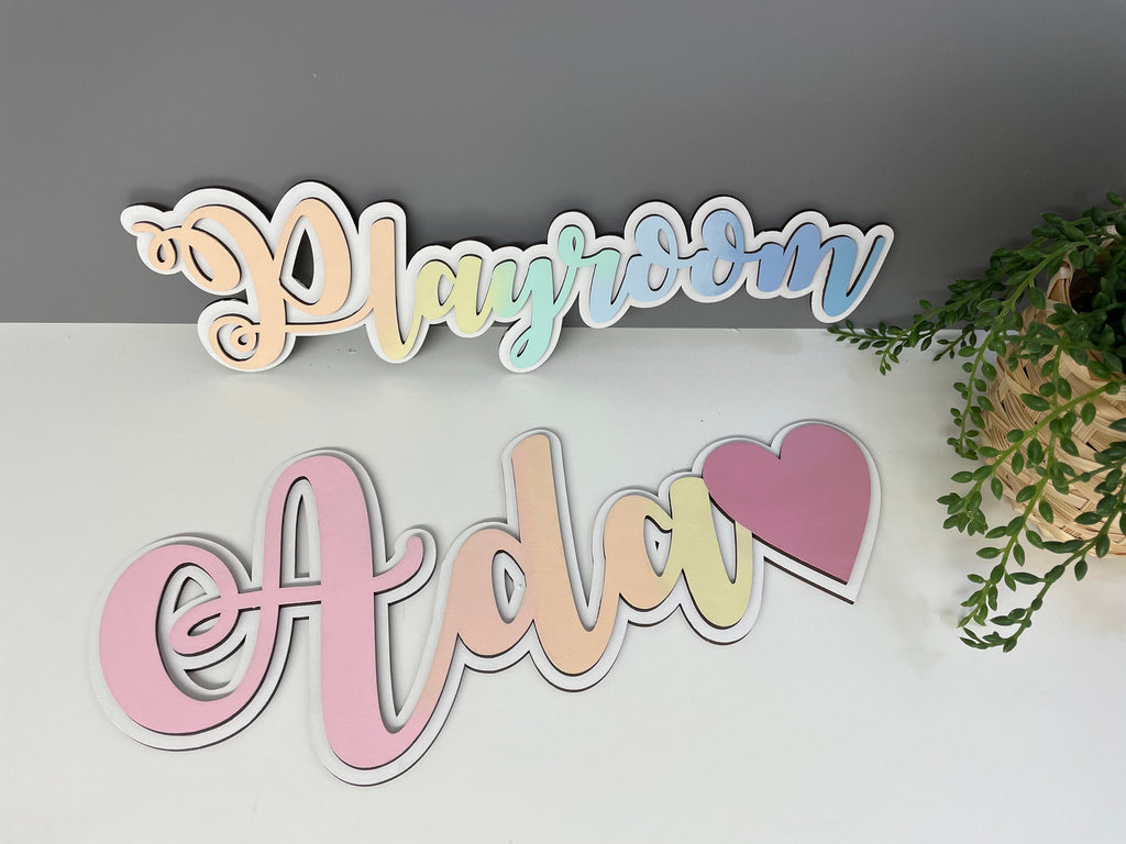 Layered personalised wooden name sign, bedroom door sign, nursery decor.