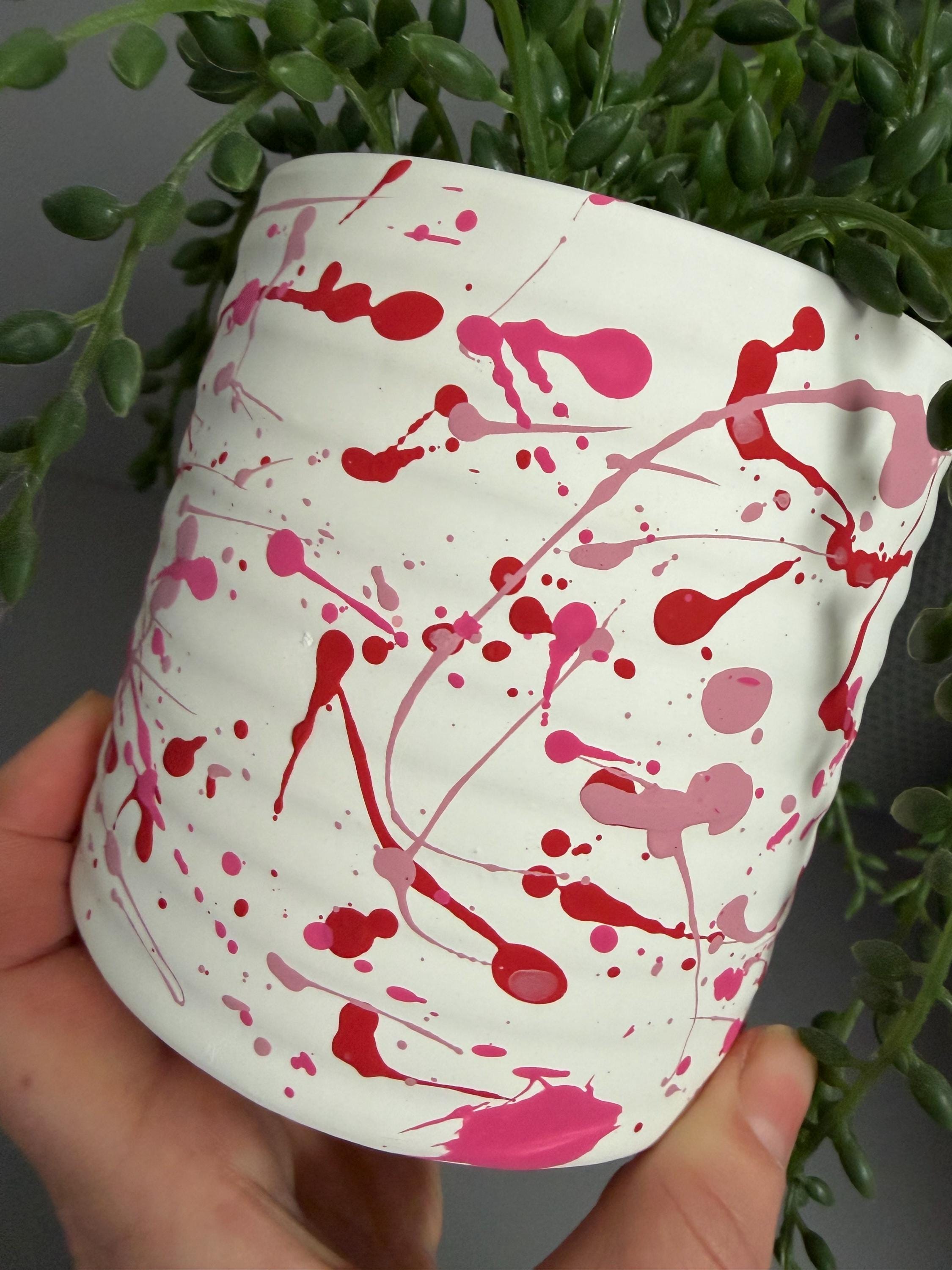Hand Painted Ceramic Plant Pot, Pink and red plant pot, paint splatter plant pot.