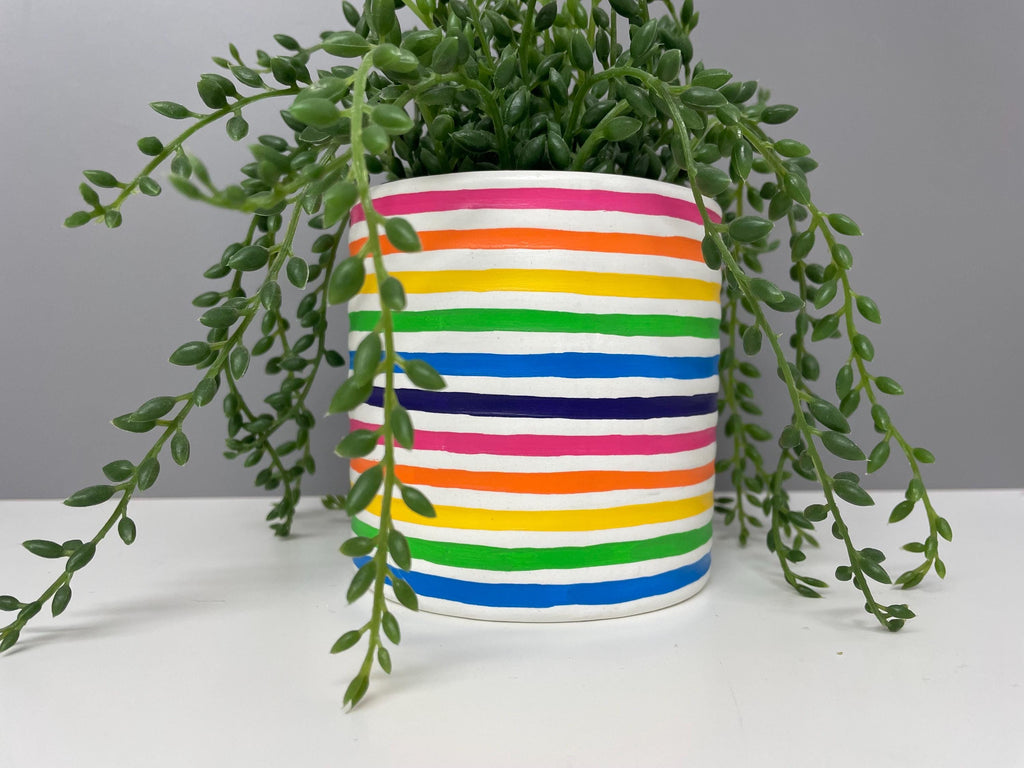 Hand Painted Ceramic Plant Pot, Rainbow Stripe Design. Bright plant pot