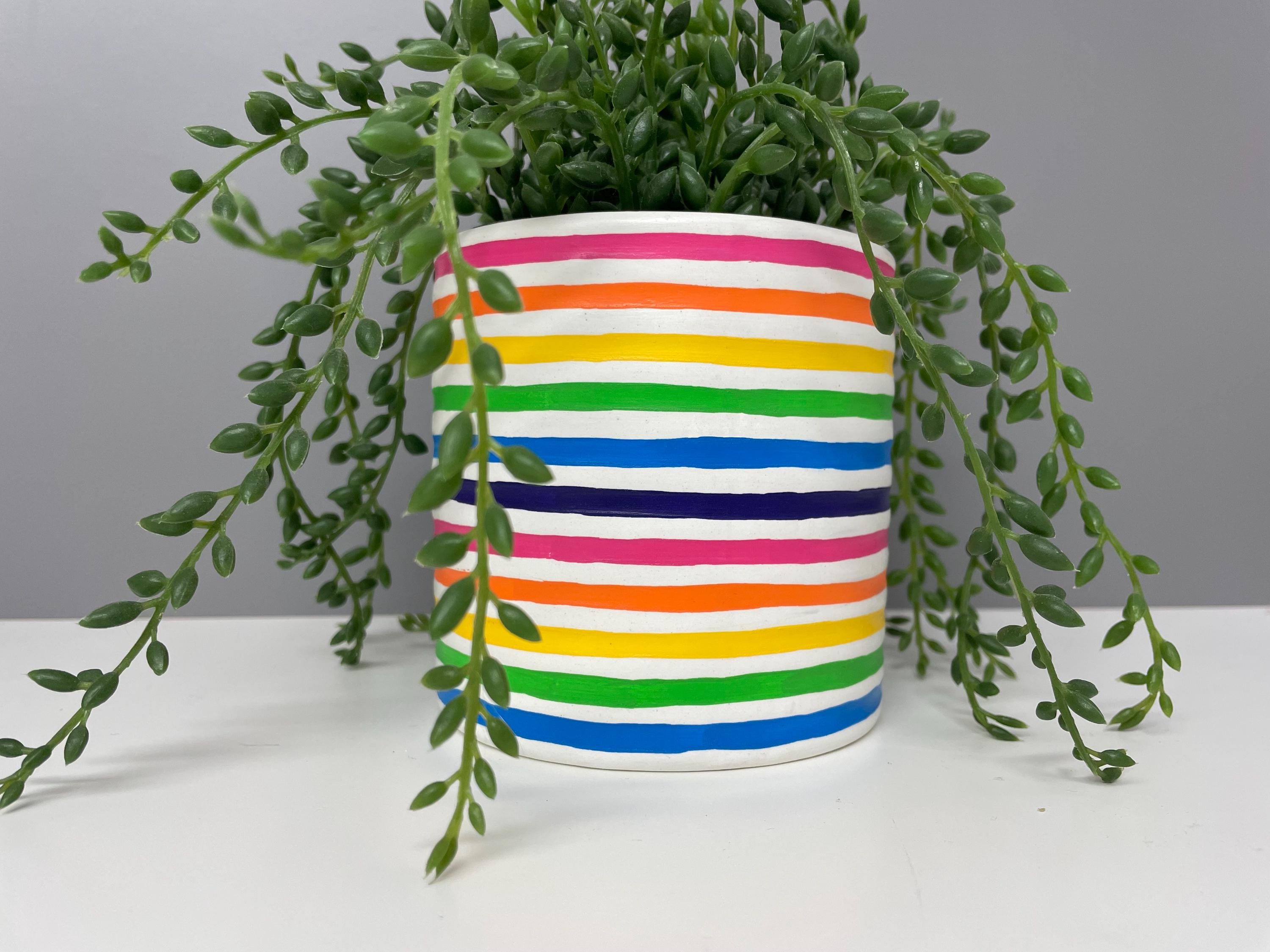 Hand Painted Ceramic Plant Pot, Rainbow Stripe Design. Bright plant pot