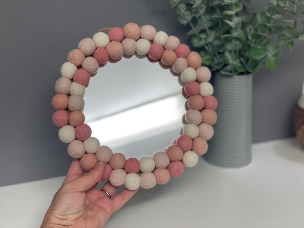 Pom Pom Wall Mirror, Pink & White Wool Felt Nursery Decor, circular mirror