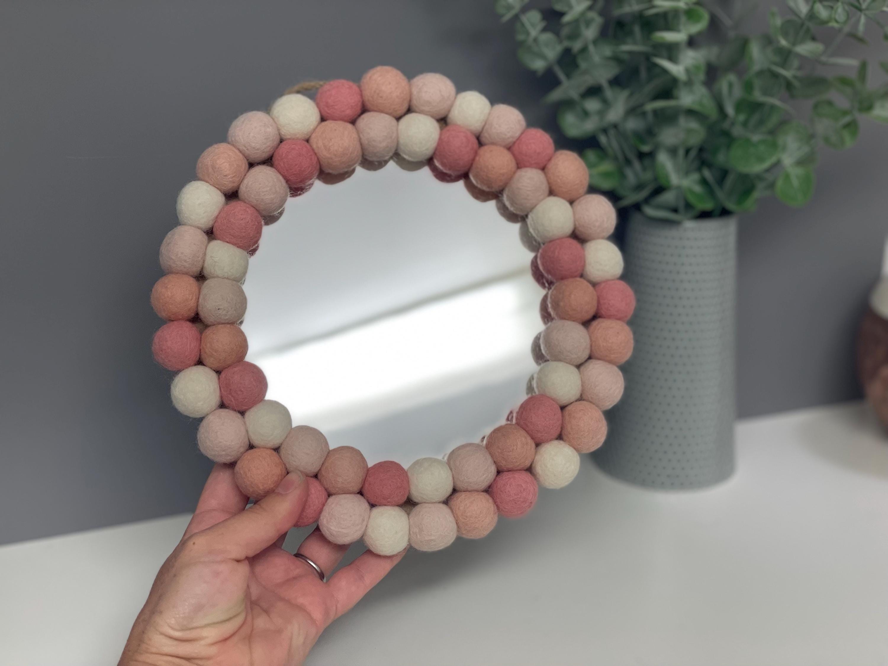 Pom Pom Wall Mirror, Pink & White Wool Felt Nursery Decor, circular mirror